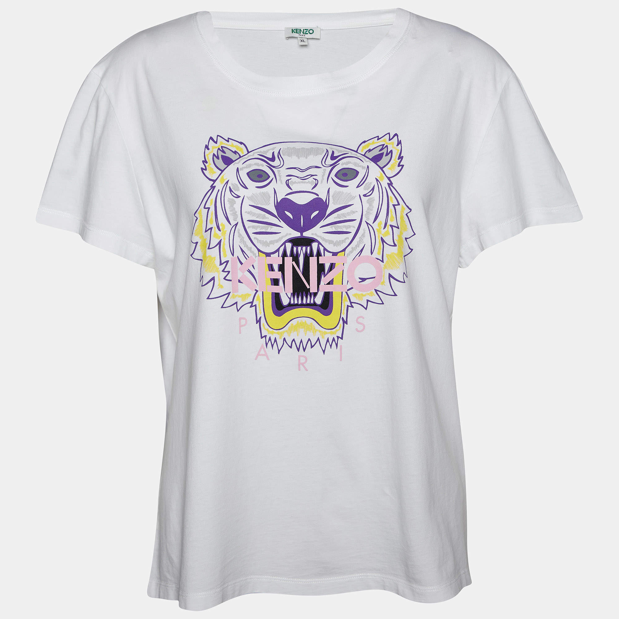 Pre Owned Kenzo White Tiger Printed Cotton Knit T-Shirt XL