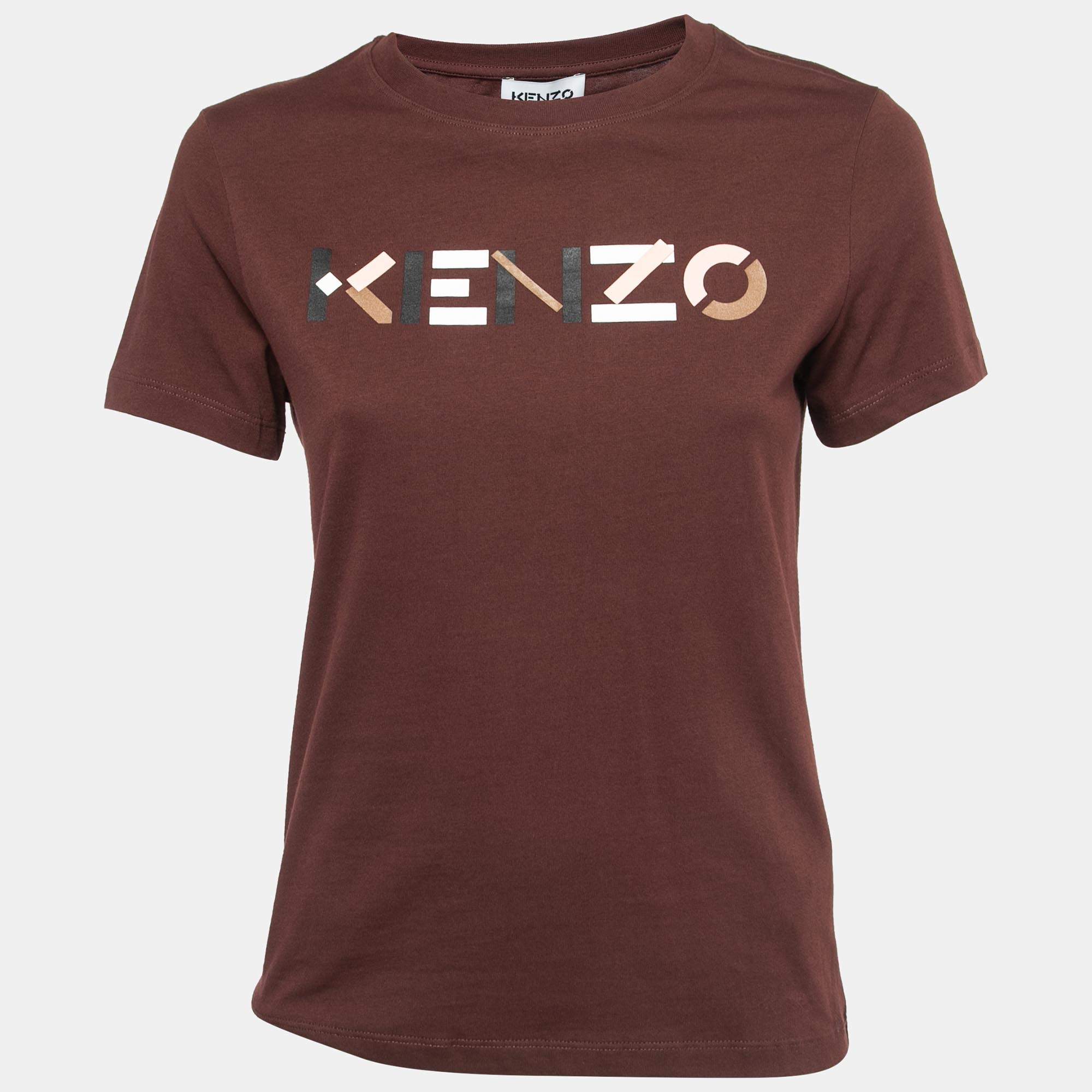 Pre Owned Kenzo Brown Logo Printed Cotton Half Sleeve T-Shirt S