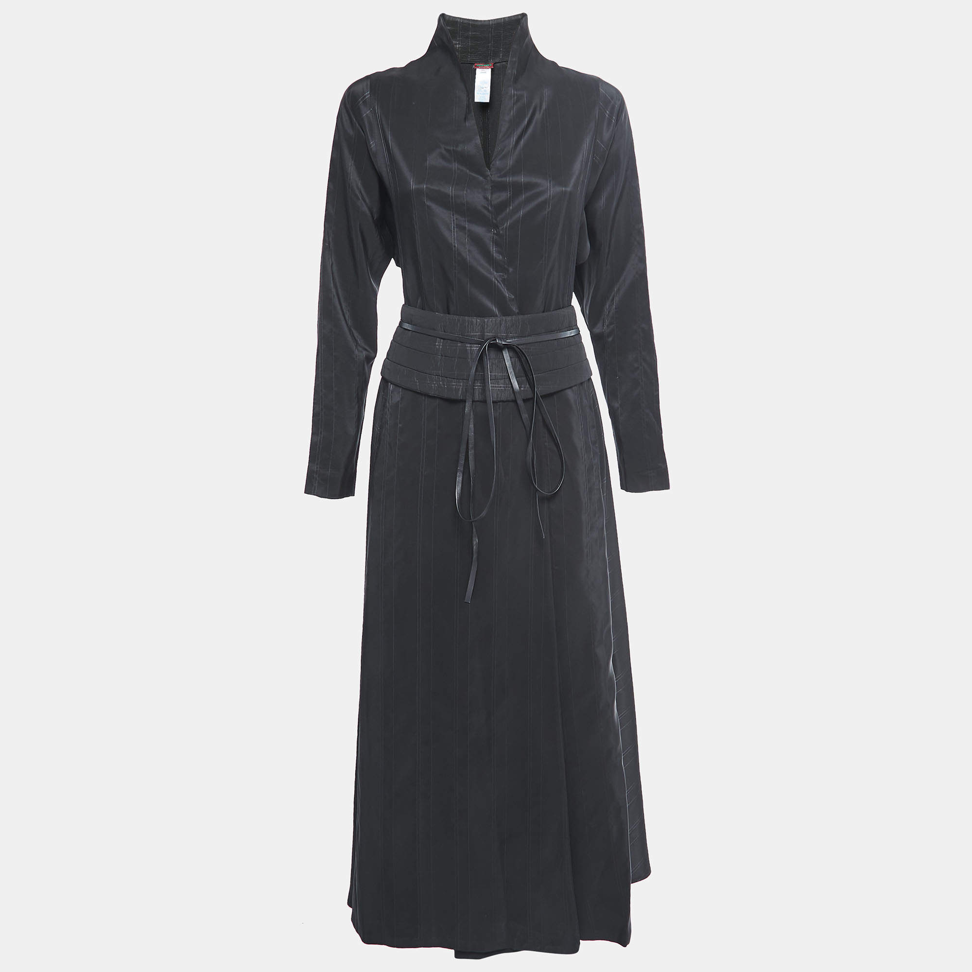 Pre Owned Kenzo Black Striped Crepe Button Front Flared Maxi Dress M