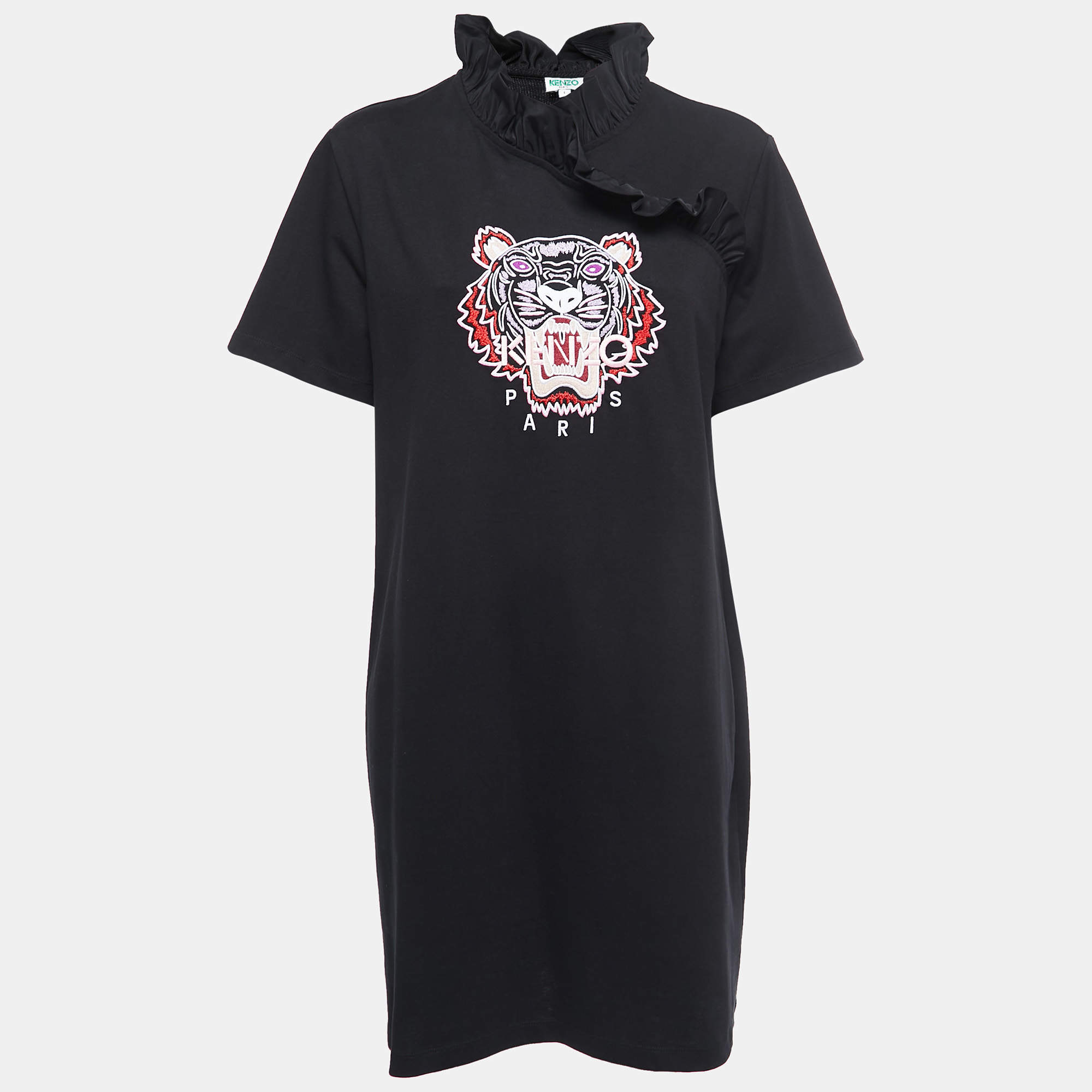 Pre Owned Kenzo Black Tiger Motif Cotton Ruffled Midi Dress L