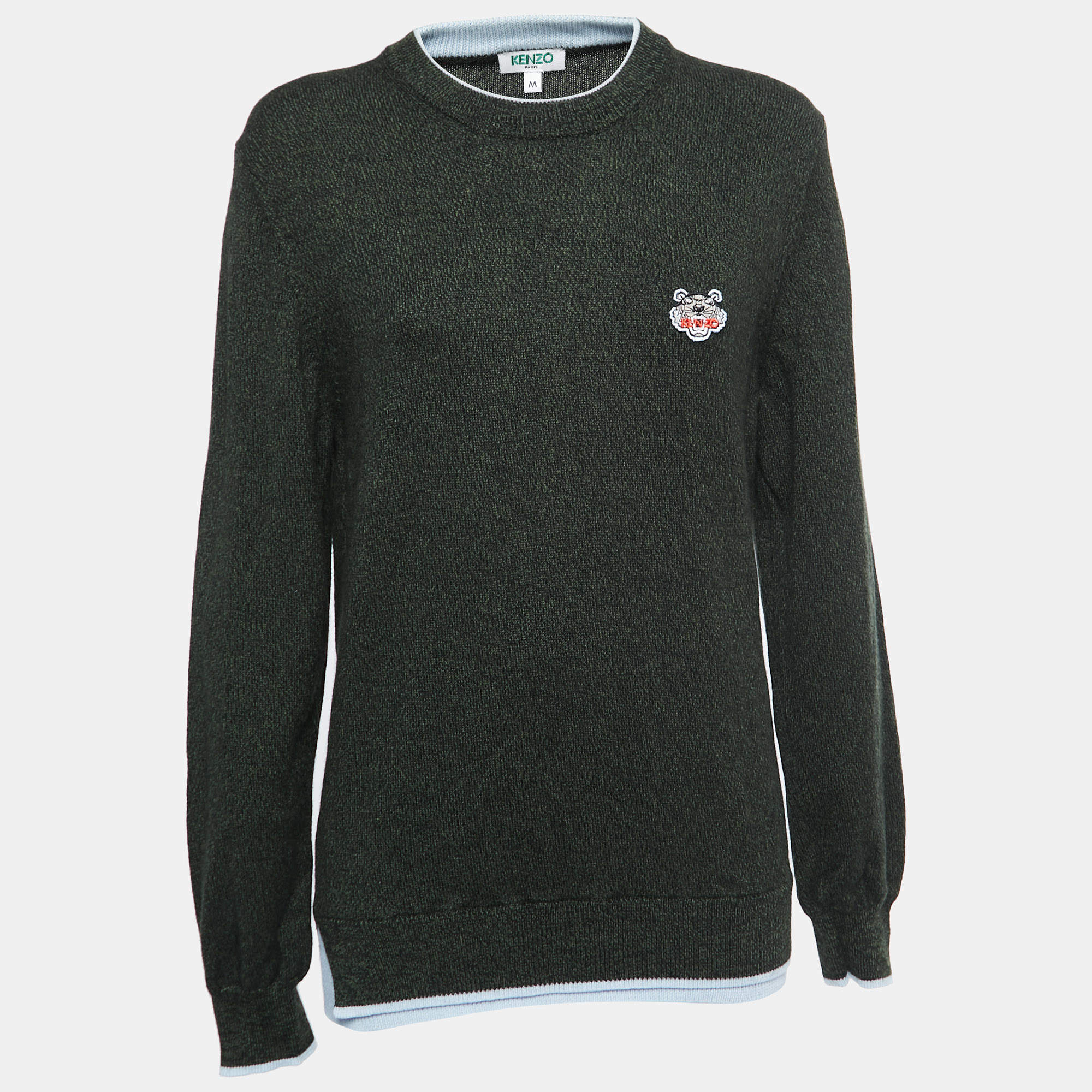 Kenzo Green Patterned Wool Logo Patch Crew Neck Sweater M