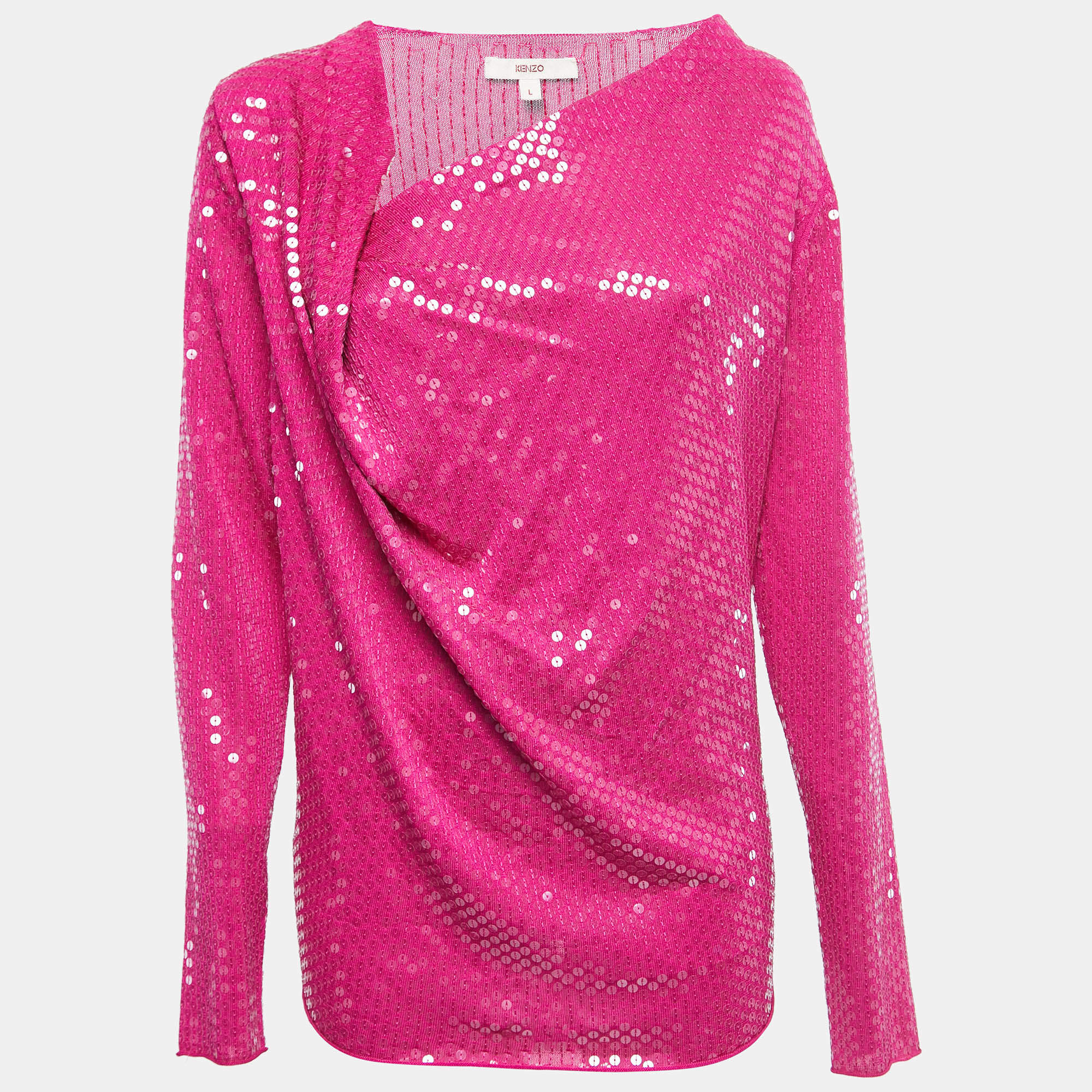 Pre Owned Kenzo Pink Sequin Embellished Silk Knit Draped Long Sleeve Tunic L