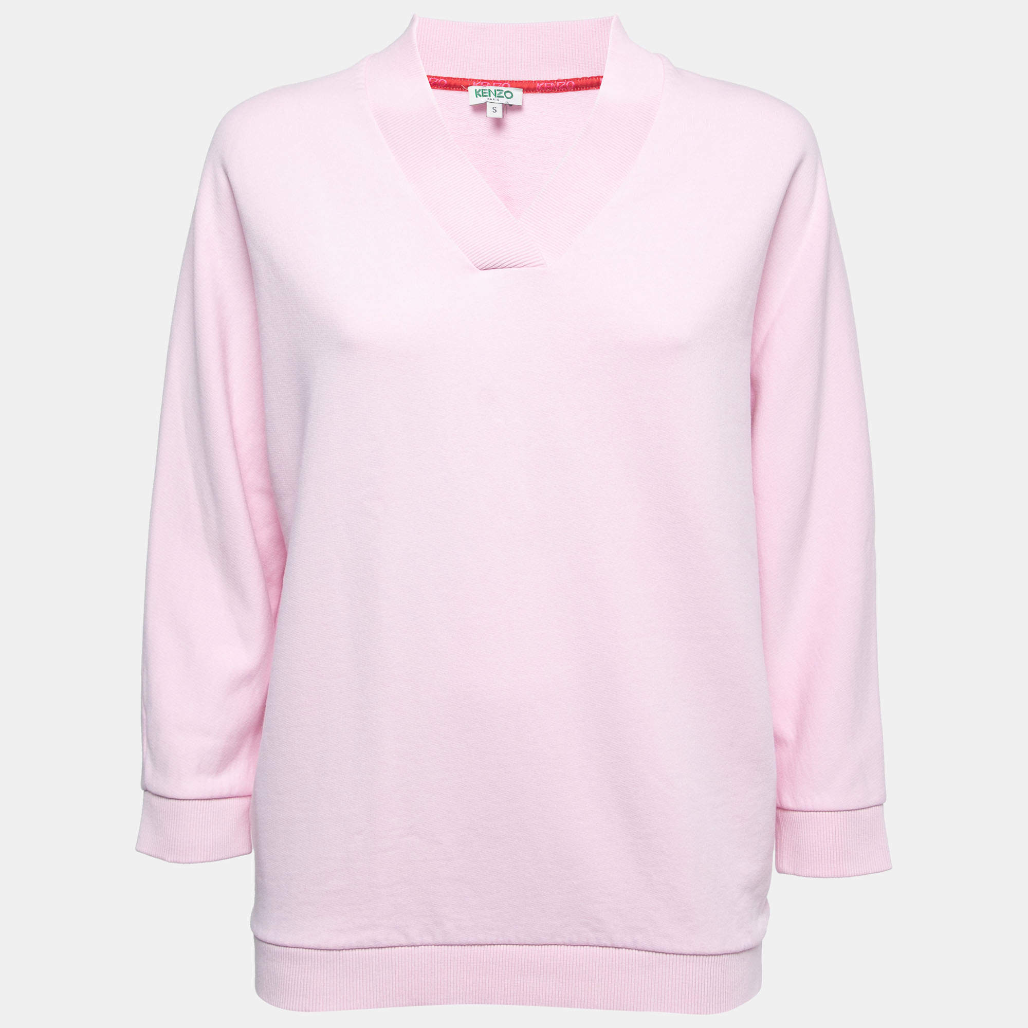 Pre Owned Kenzo Pink Logo Print Cotton Knit V-Neck Sweatshirt S