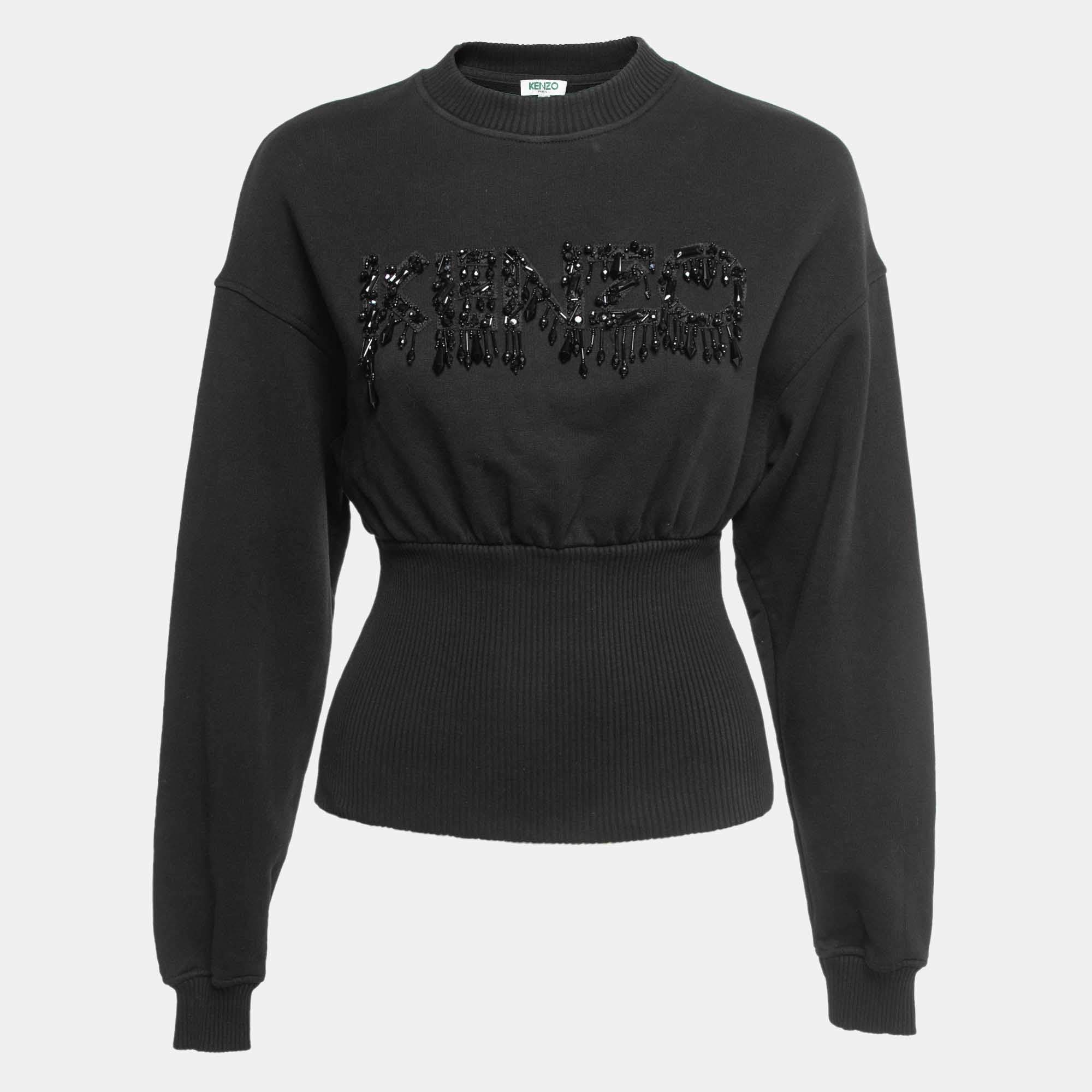 Kenzo Black Cotton Crystals Embellished Logo Sweatshirt S