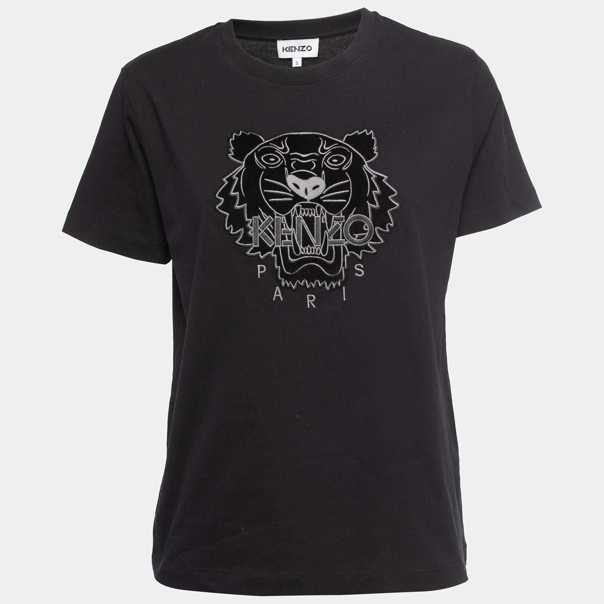 Pre Owned Kenzo Black Logo Patch Cotton Crew Neck Half Sleeve T-Shirt S