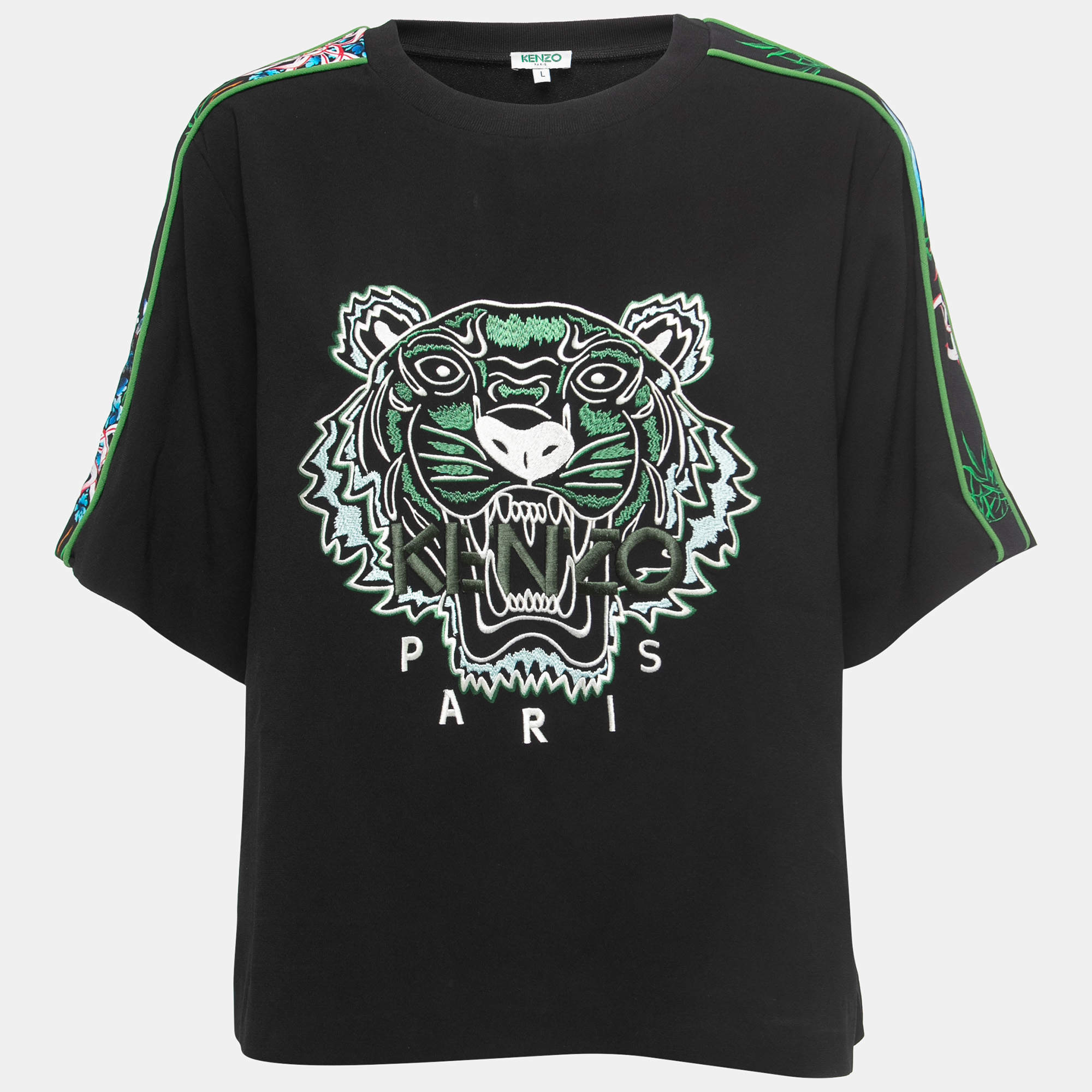 Pre Owned Kenzo Black Logo Embroidered Crepe Crew Neck Relaxed Fit T-Shirt L