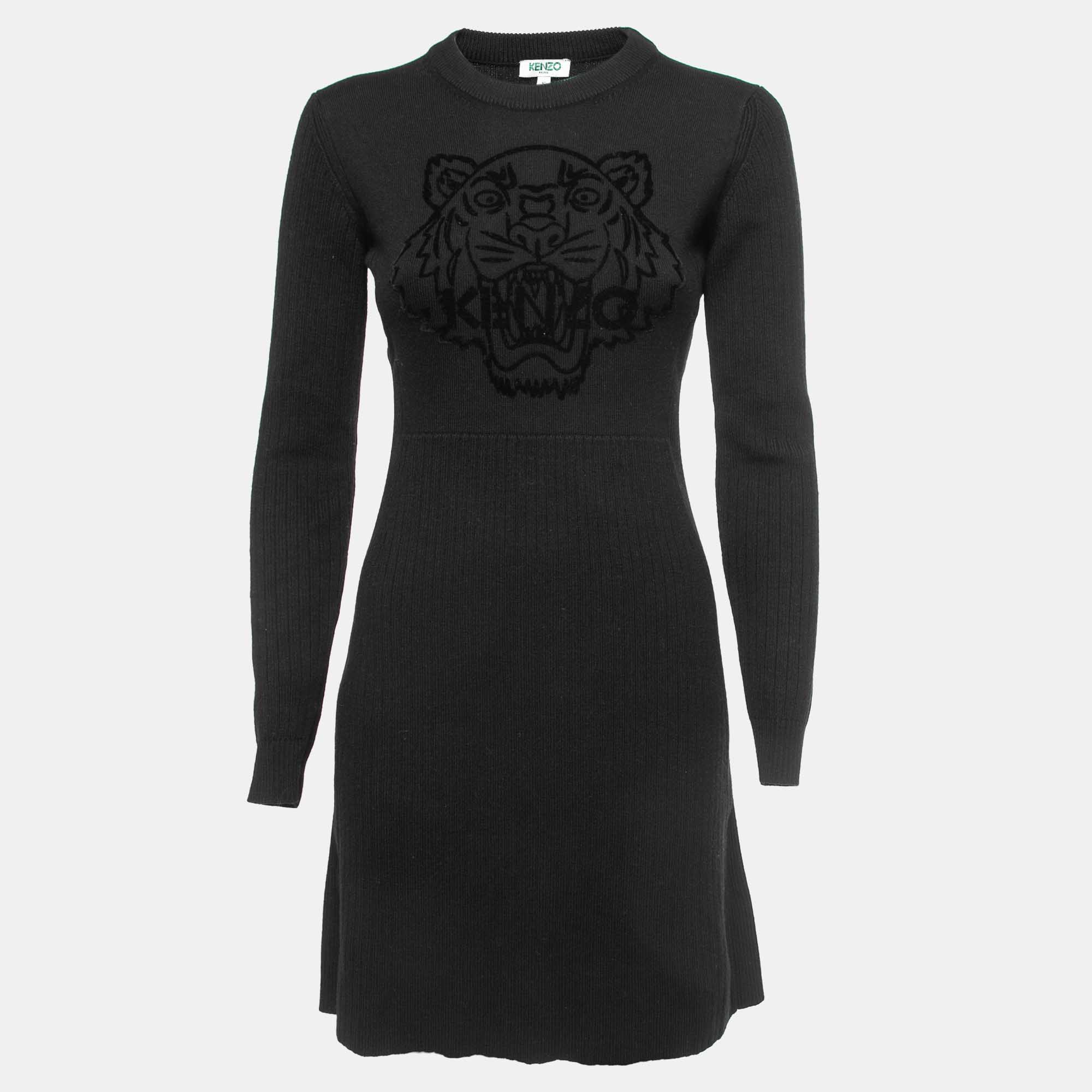Pre Owned Kenzo Black Rib Knit Tiger Flock Detail Mini Dress S