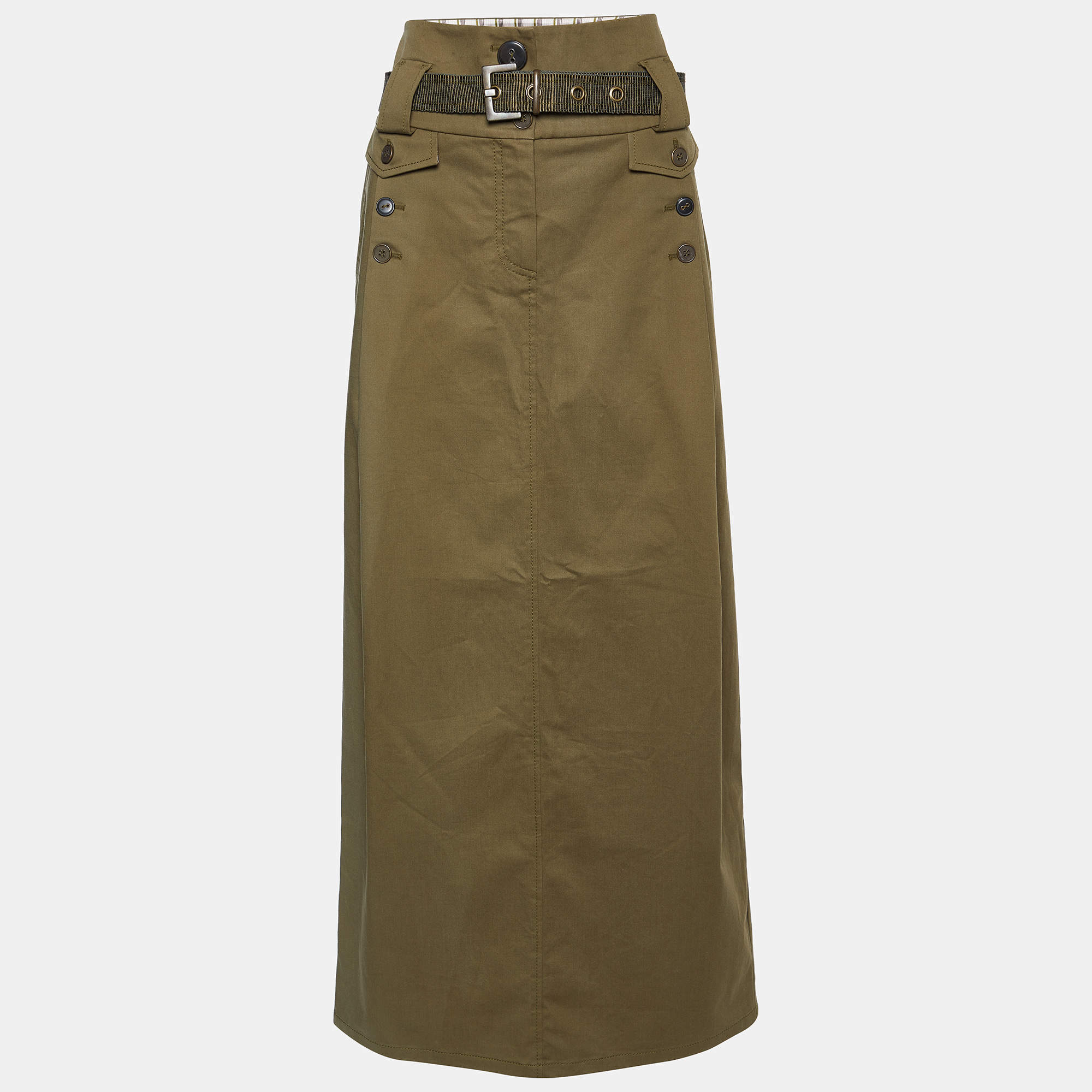 مملوكة مسبقًا Kenzo Olive Green Cotton Belted Midi Skirt M