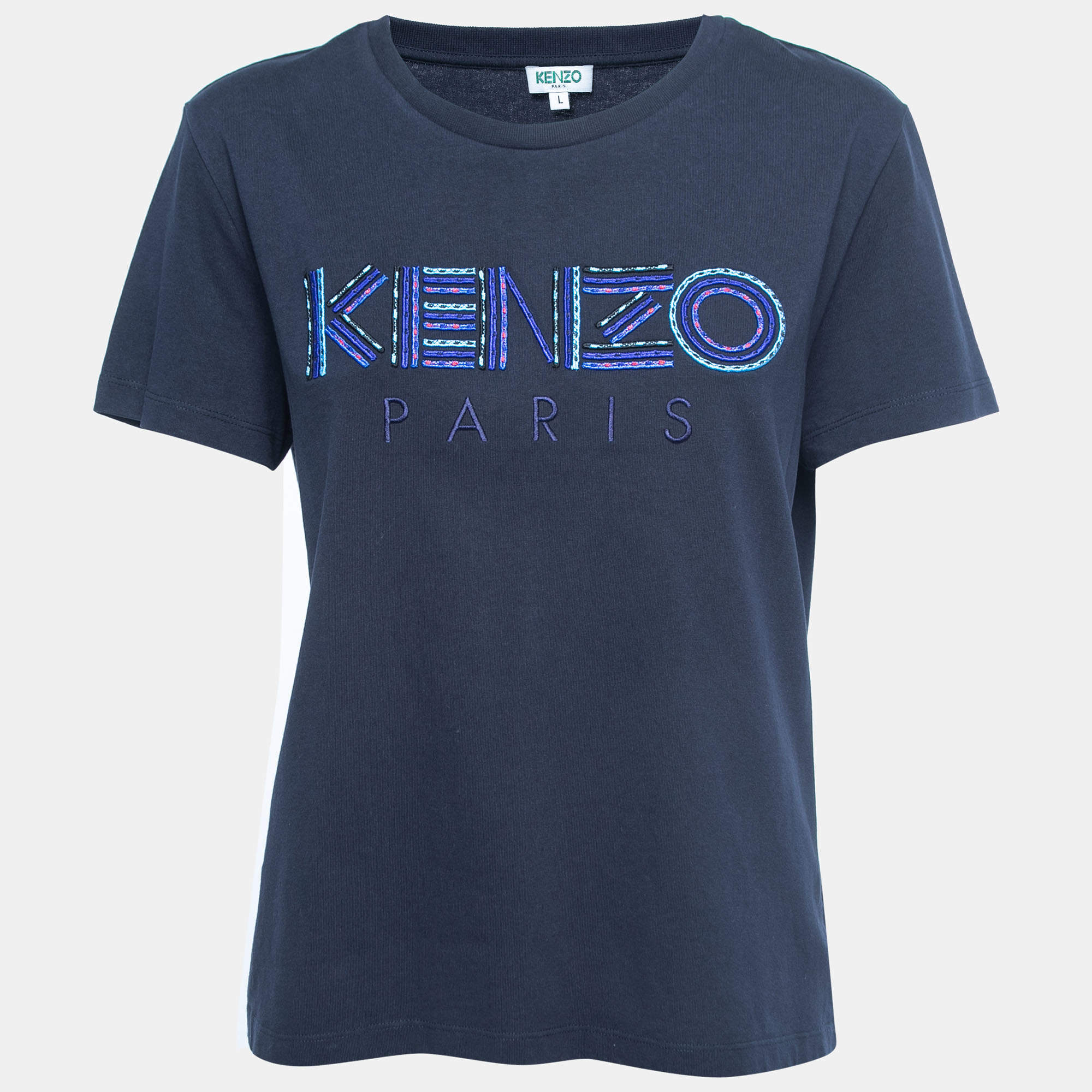 Pre Owned Kenzo Navy Blue Logo Embroidered Cotton Crew Neck T-Shirt L