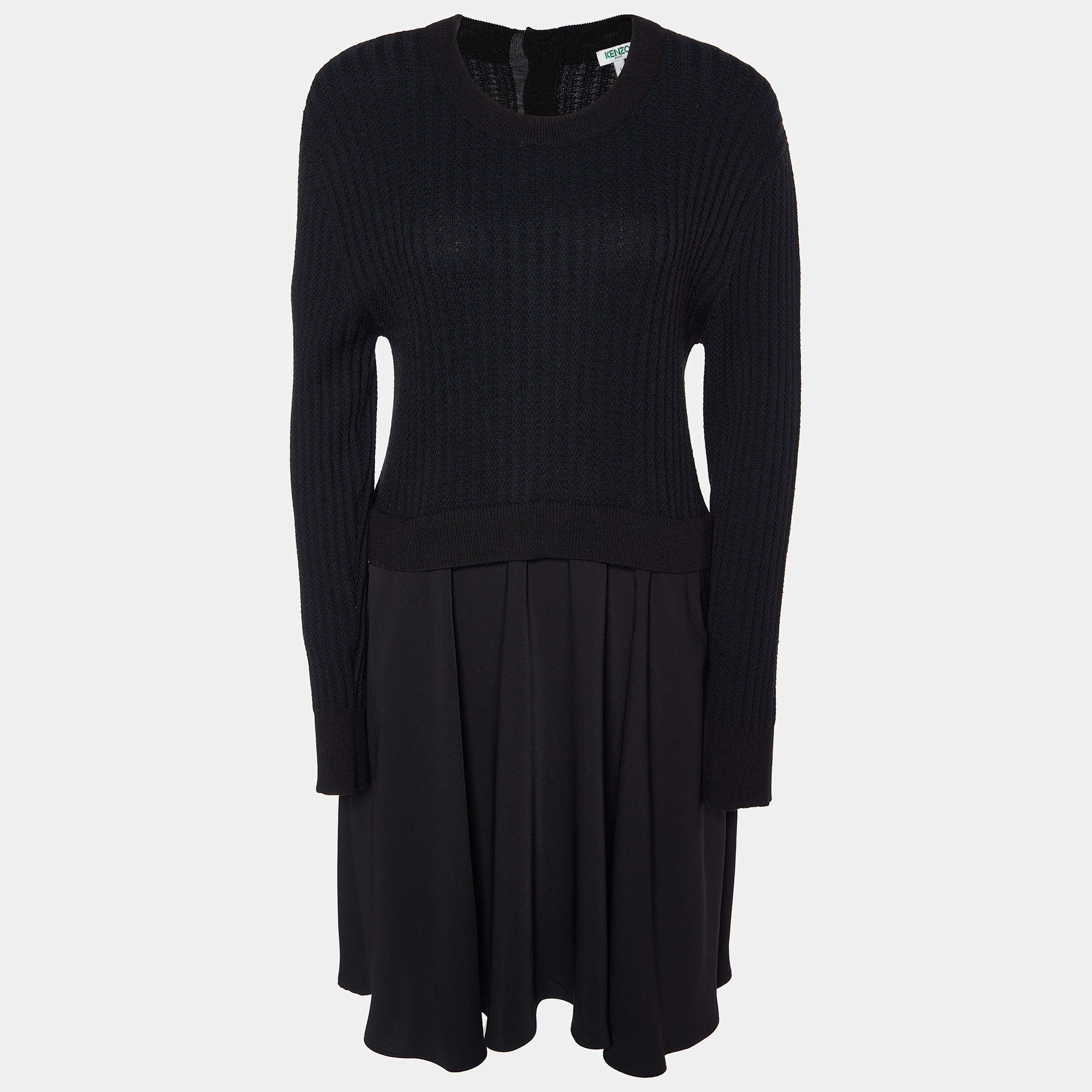 Pre Owned Kenzo Black Knit & Crepe Mini Dress L