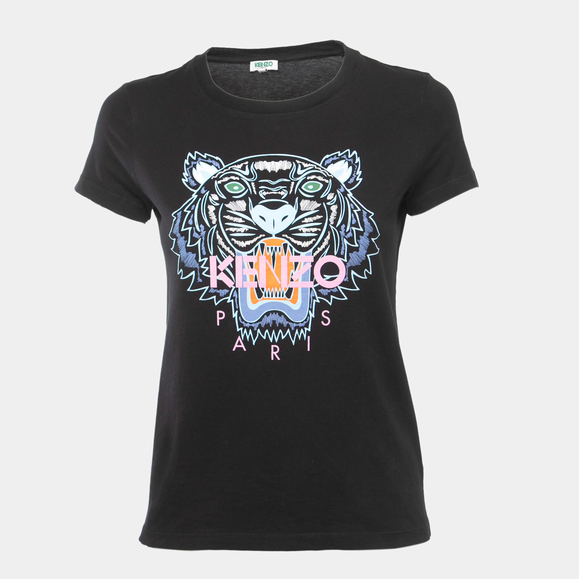 Pre Owned Kenzo Black Cotton Tiger Motif Printed T-Shirt XS