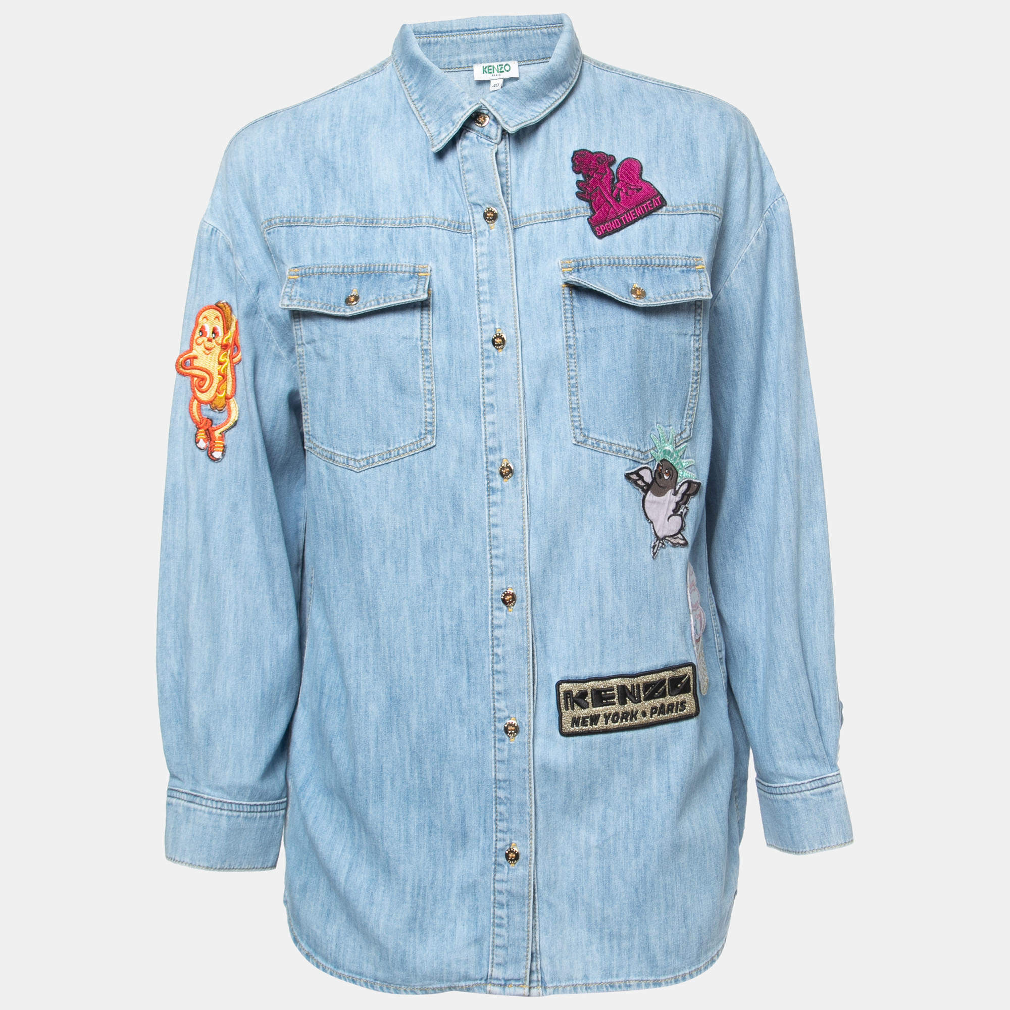 Pre Owned Kenzo Blue Denim Patch Detailed Button Front Long Sleeve Shirt M