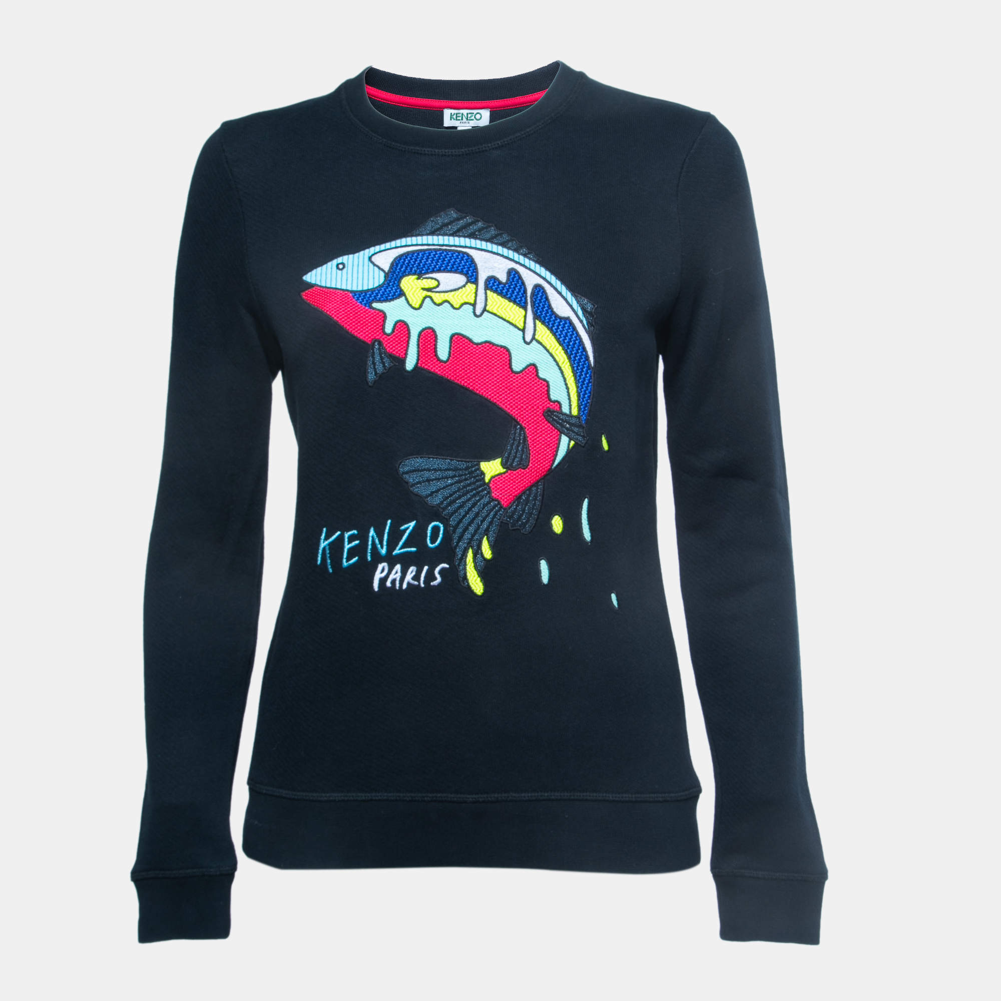 Pre Owned Kenzo Navy Blue Logo Shark Embroidered Cotton Crew Neck Sweatshirt S
