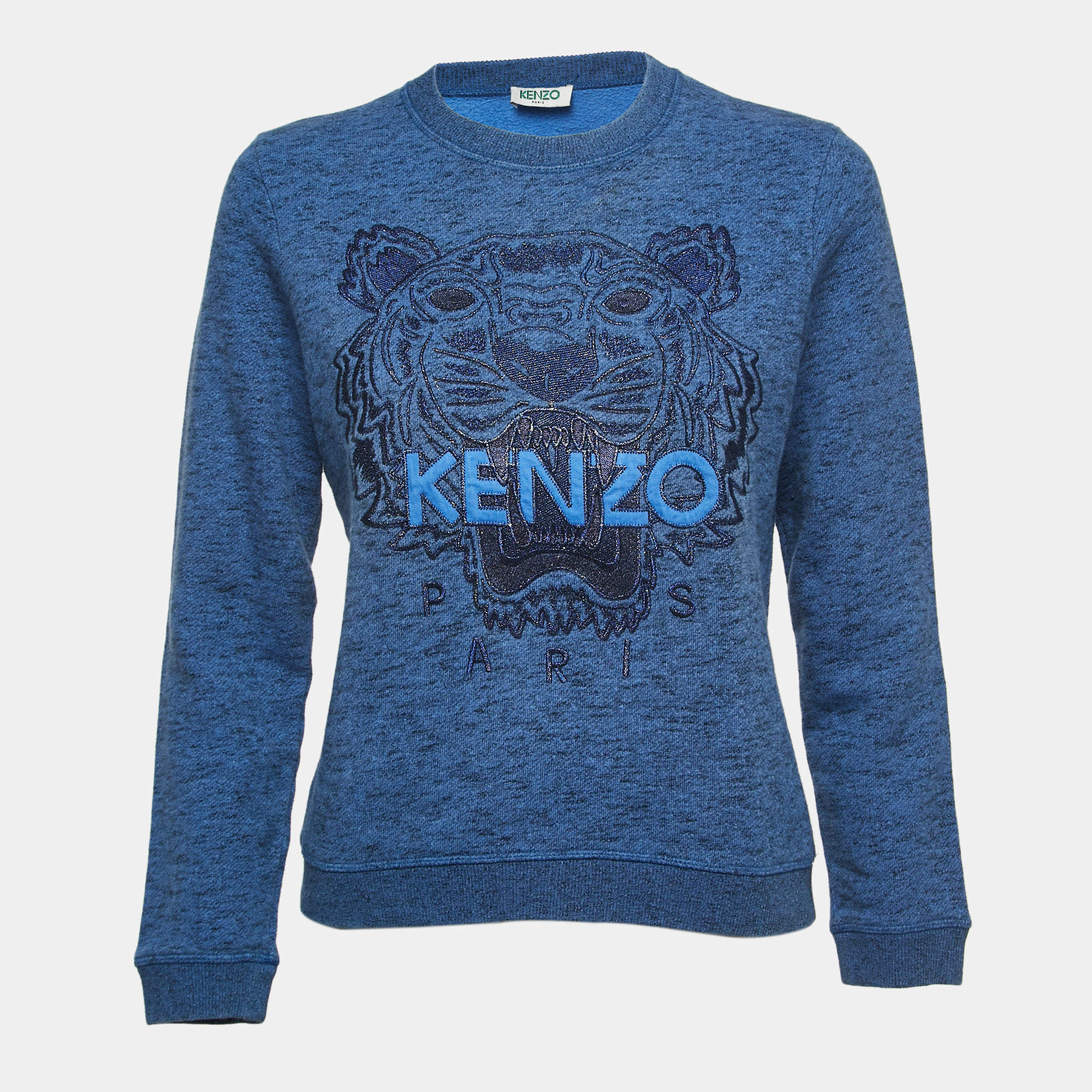 Pre Owned Kenzo Navy Blue Logo Tiger Embroidered Cotton Crew Neck Sweatshirt S