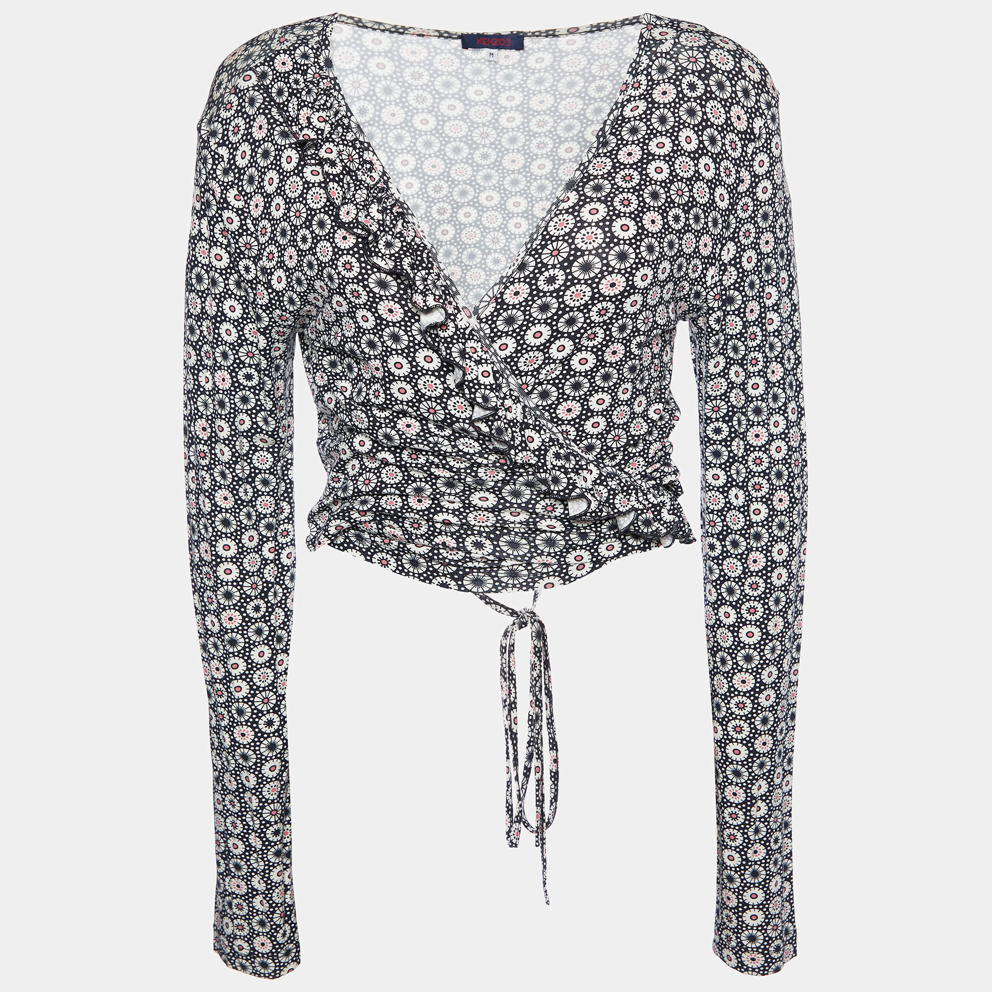 Pre Owned Kenzo Black Printed Knit Wrap Tie Shrug M