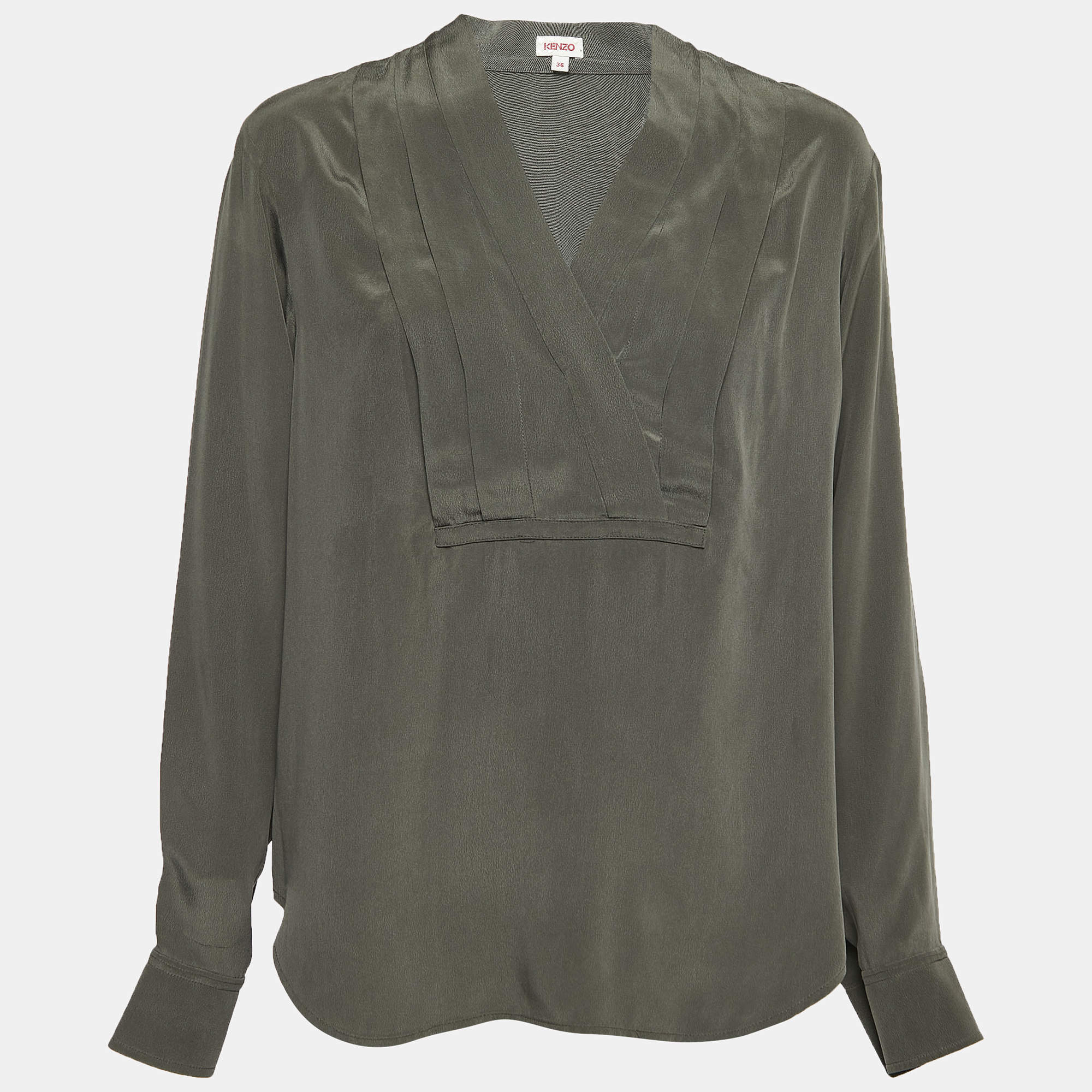 Pre Owned Kenzo Grey Silk Long Sleeve Blouse S