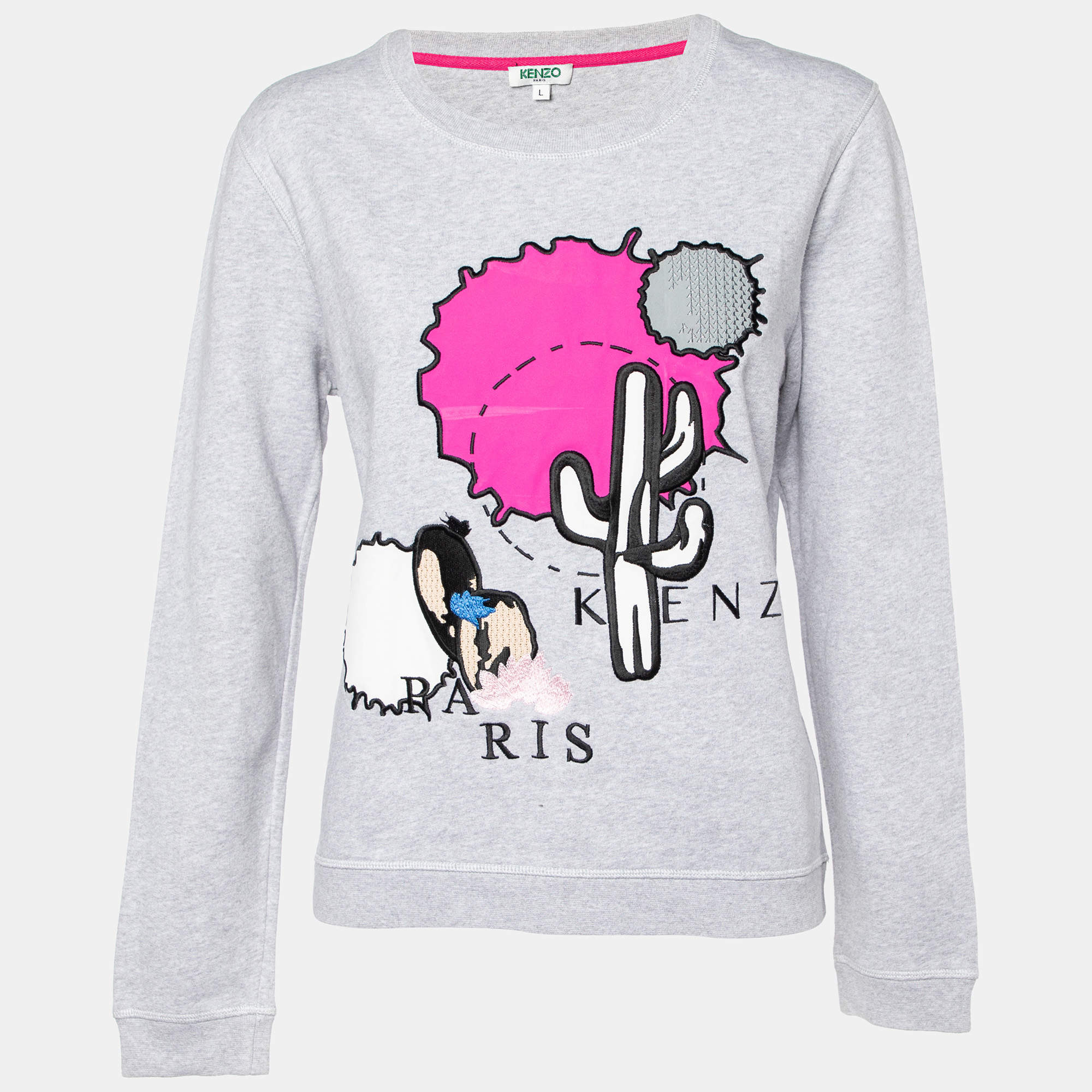 Kenzo Grey Cactus Applique Cotton Knit Long Sleeve Sweatshirt L