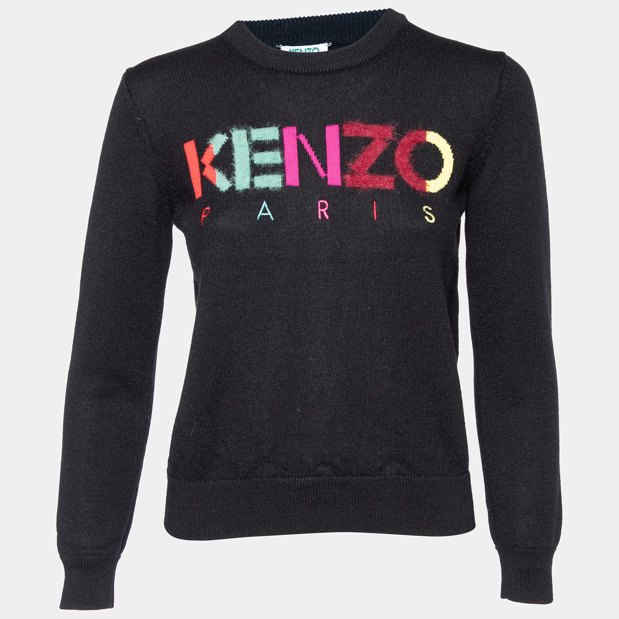 Pre Owned Kenzo Black Wool Knit Logo Intarsia Knit Sweater L