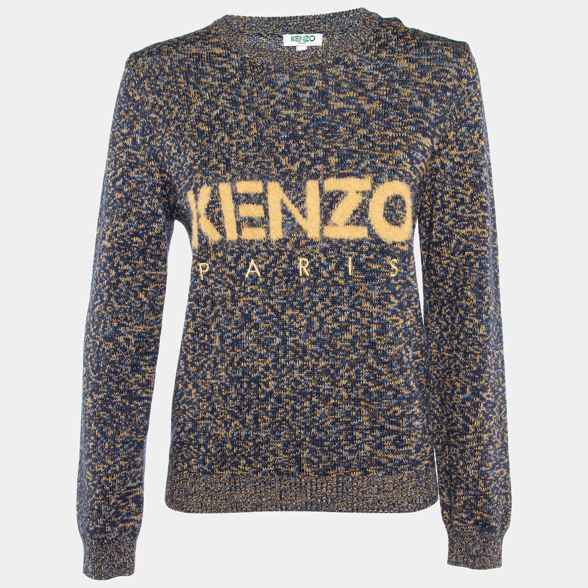 Pre Owned Kenzo Multicolor Logo Intarsia Knit Logo Detail Sweater L