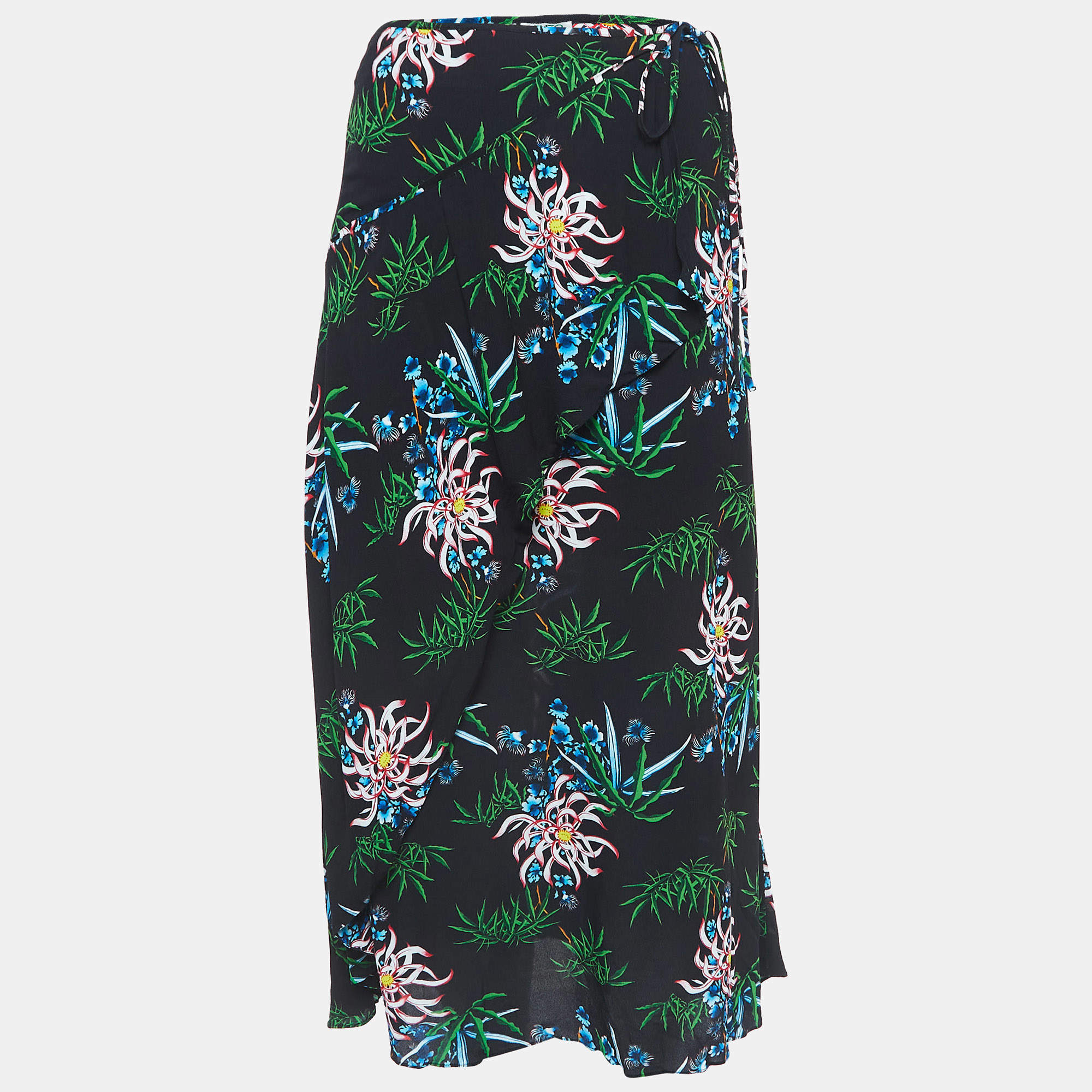 Kenzo Black Printed Crepe Wrap Effect Midi Skirt M
