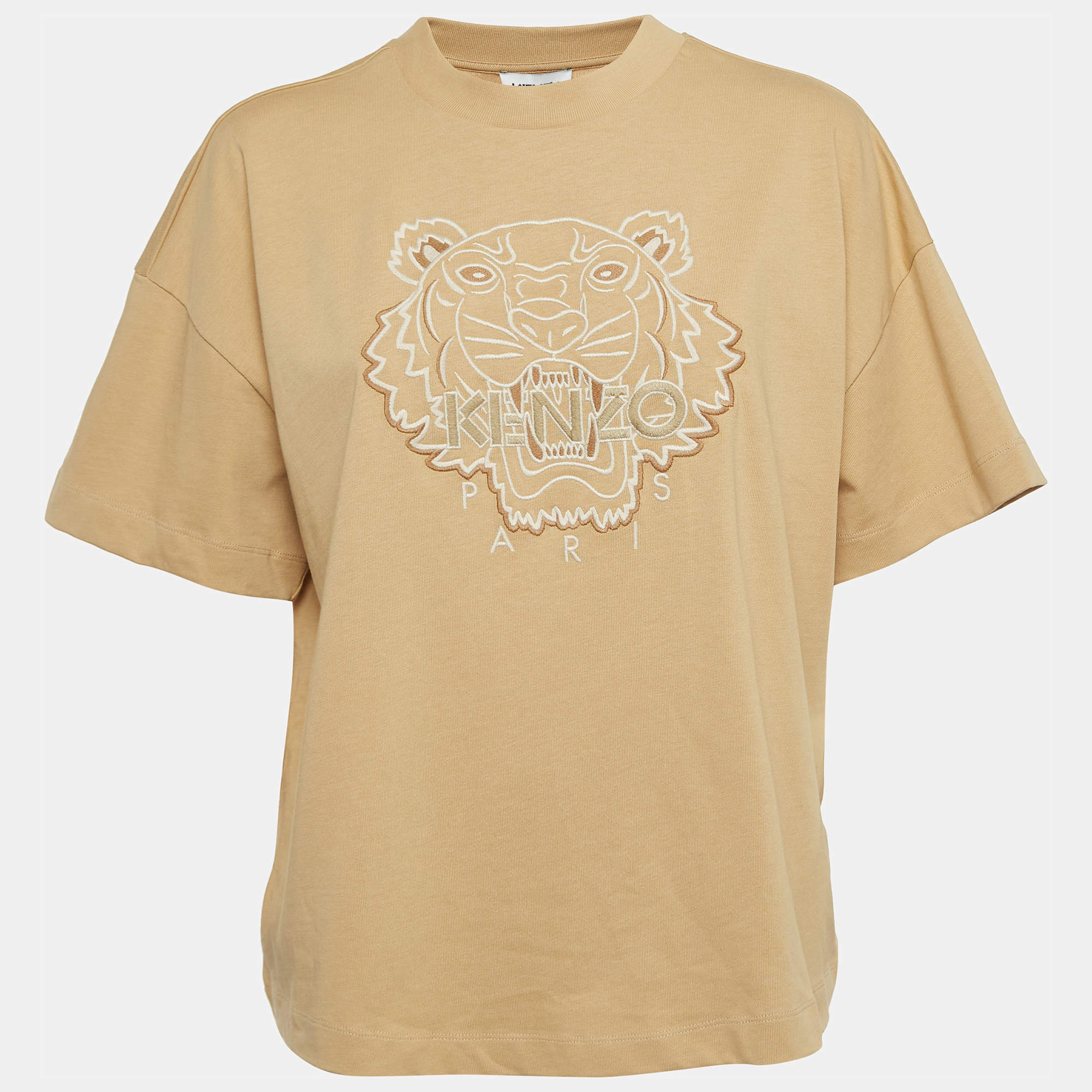 Pre Owned Kenzo Beige Tiger Embroidered Cotton Boxy T-Shirt M