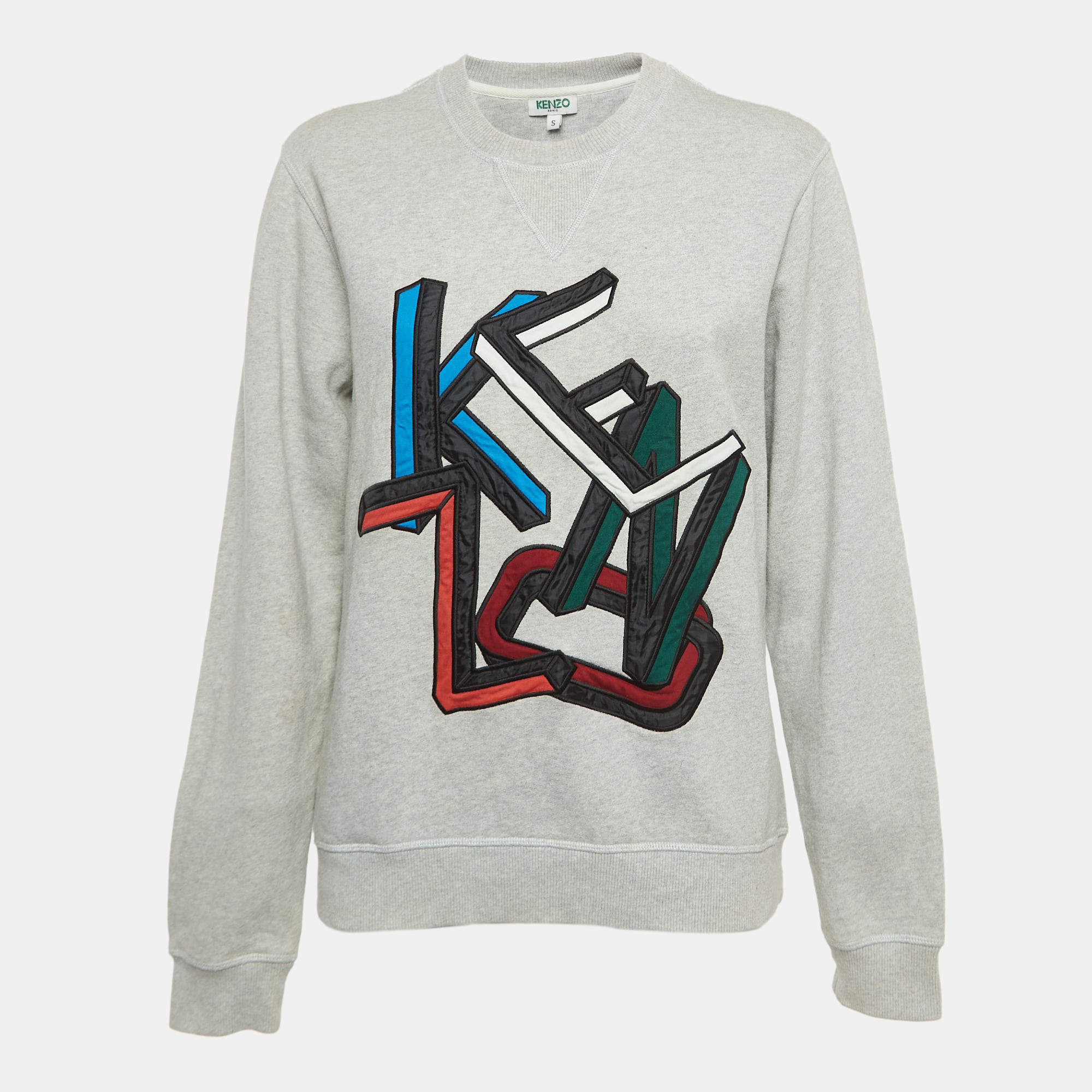 Pre Owned Kenzo Grey Logo Embroidered Cotton Crew Neck Sweatshirt S