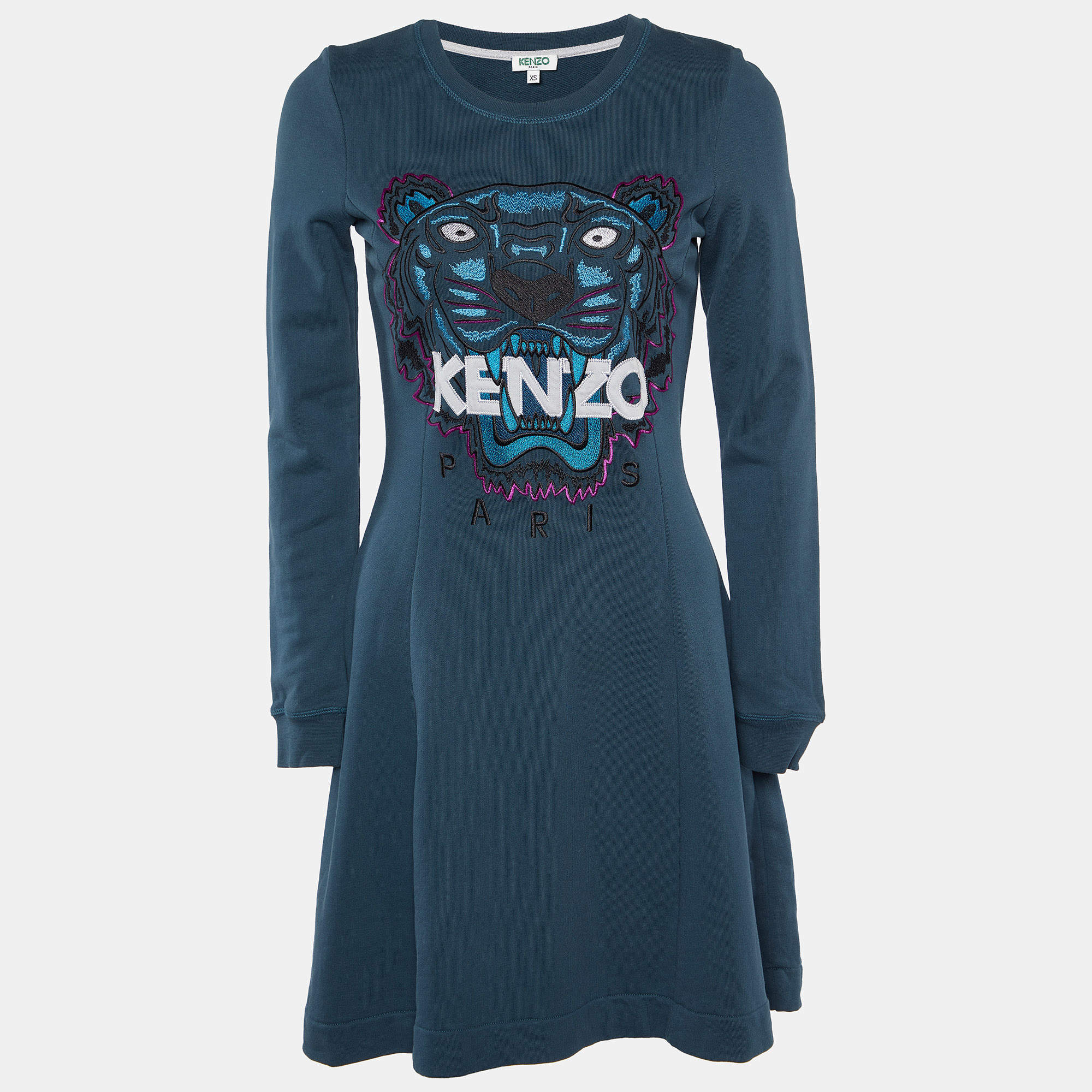 Pre Owned Kenzo Teal Green Tiger Embroidered Cotton Mini Dress S