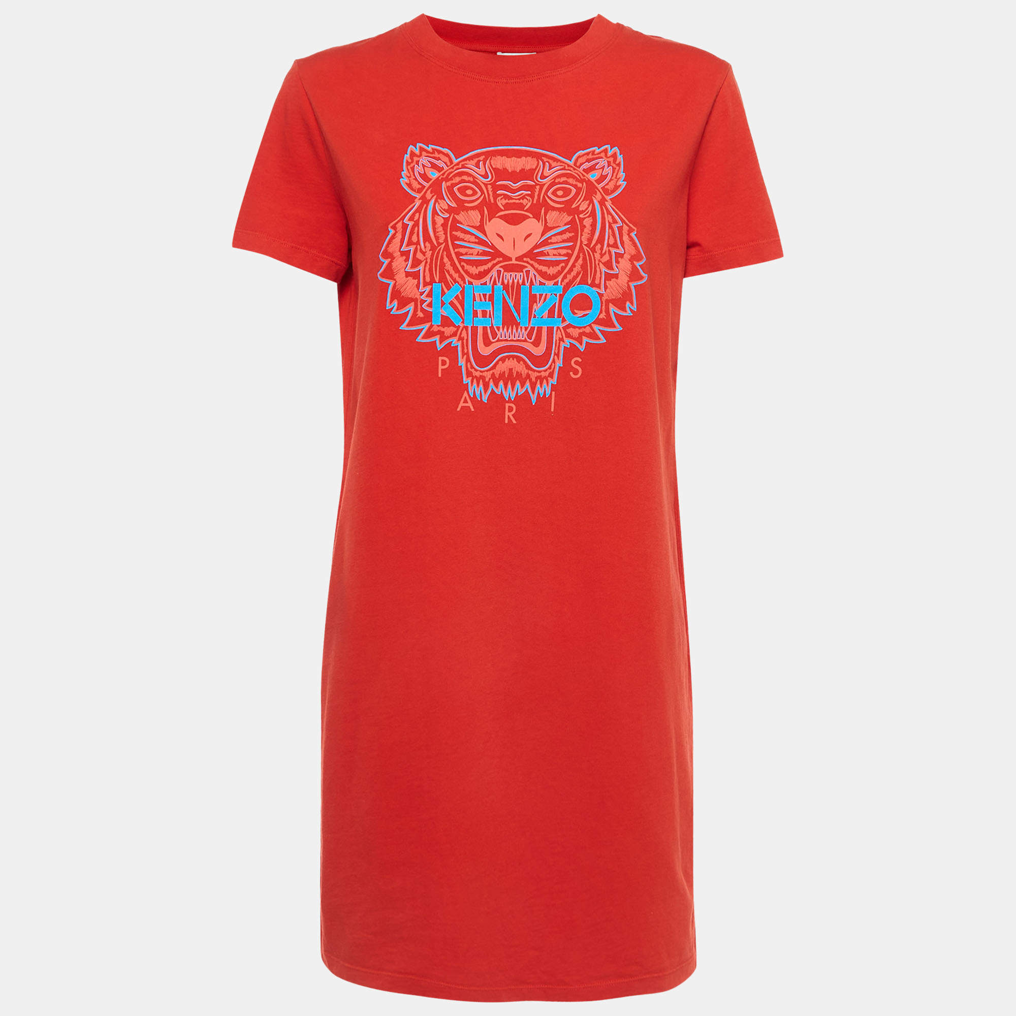 Pre Owned Kenzo Red Printed Cotton T-Shirt Dress M