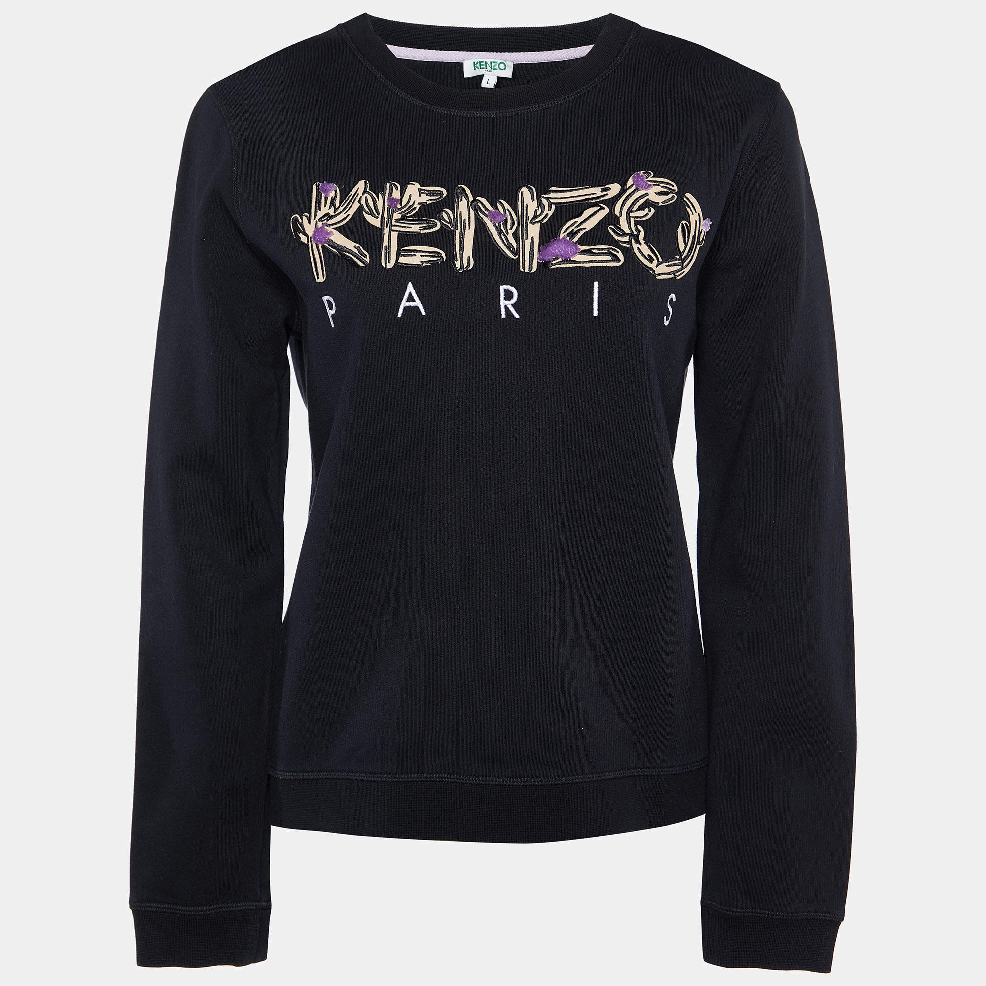 Pre Owned Kenzo Black Logo Embroidered Cotton Sweatshirt L