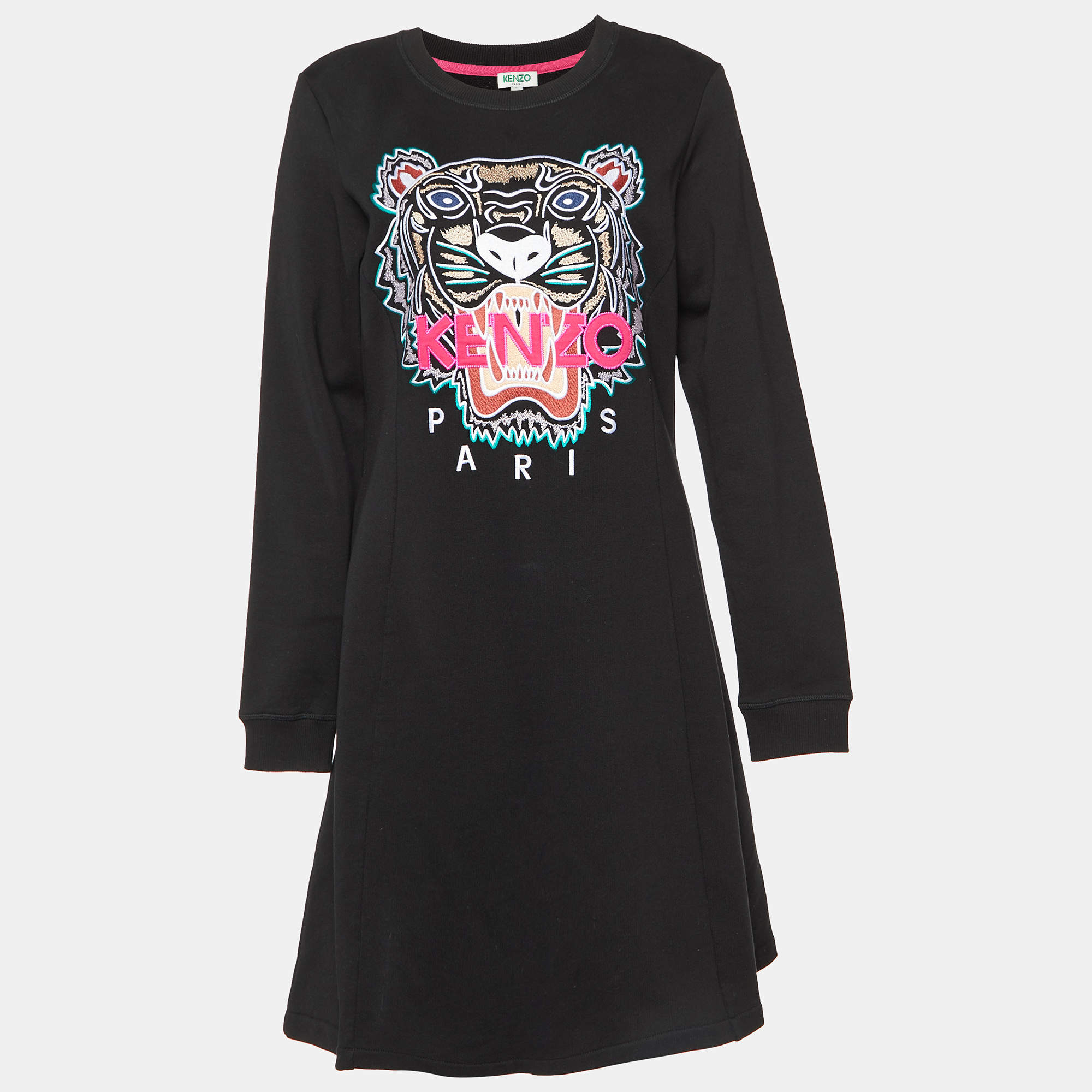 Pre Owned Kenzo Black Cotton Tiger Embroidered Sweater Dress L