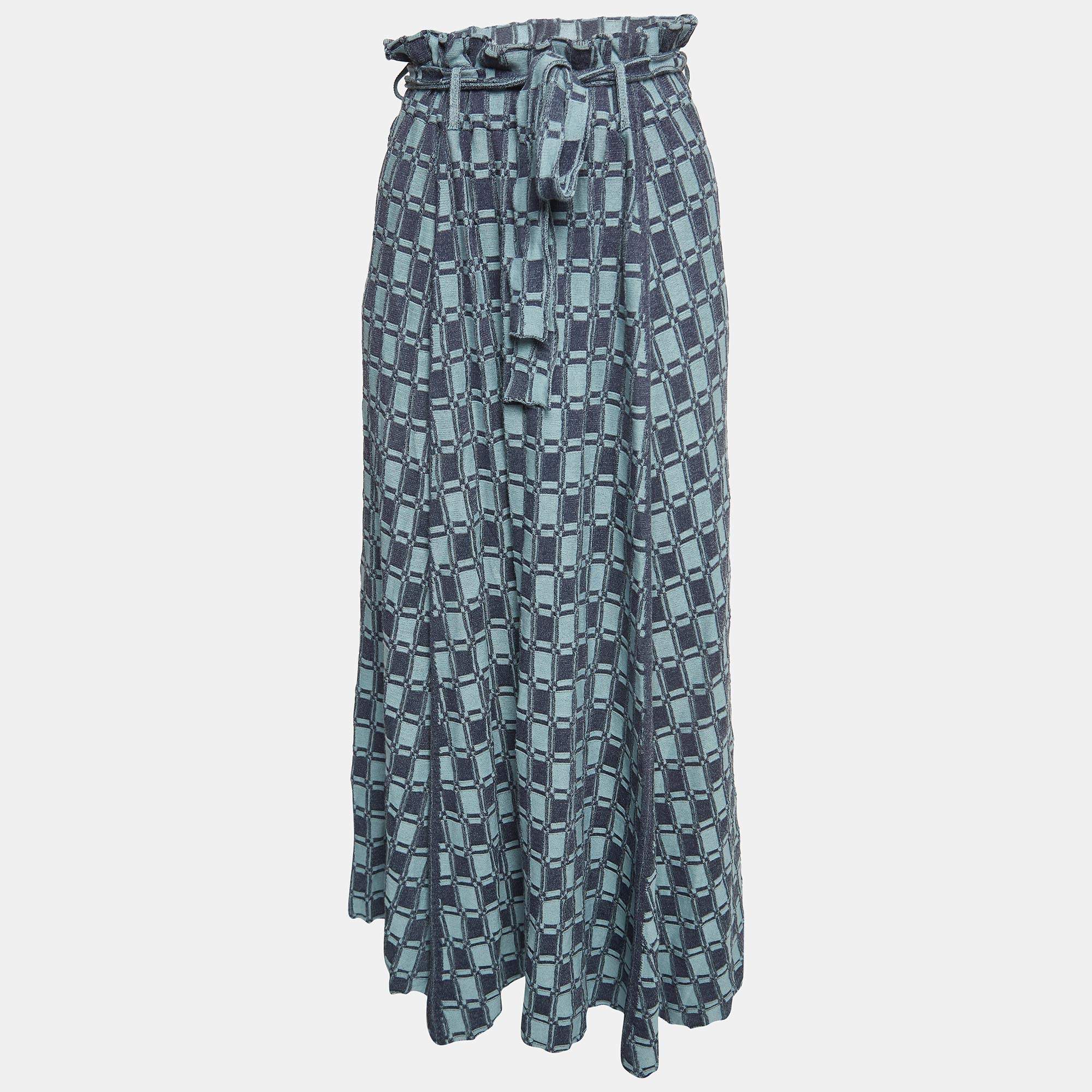 Pre Owned Kenzo Blue Monogram Pattern Knit Belted Midi Skirt M