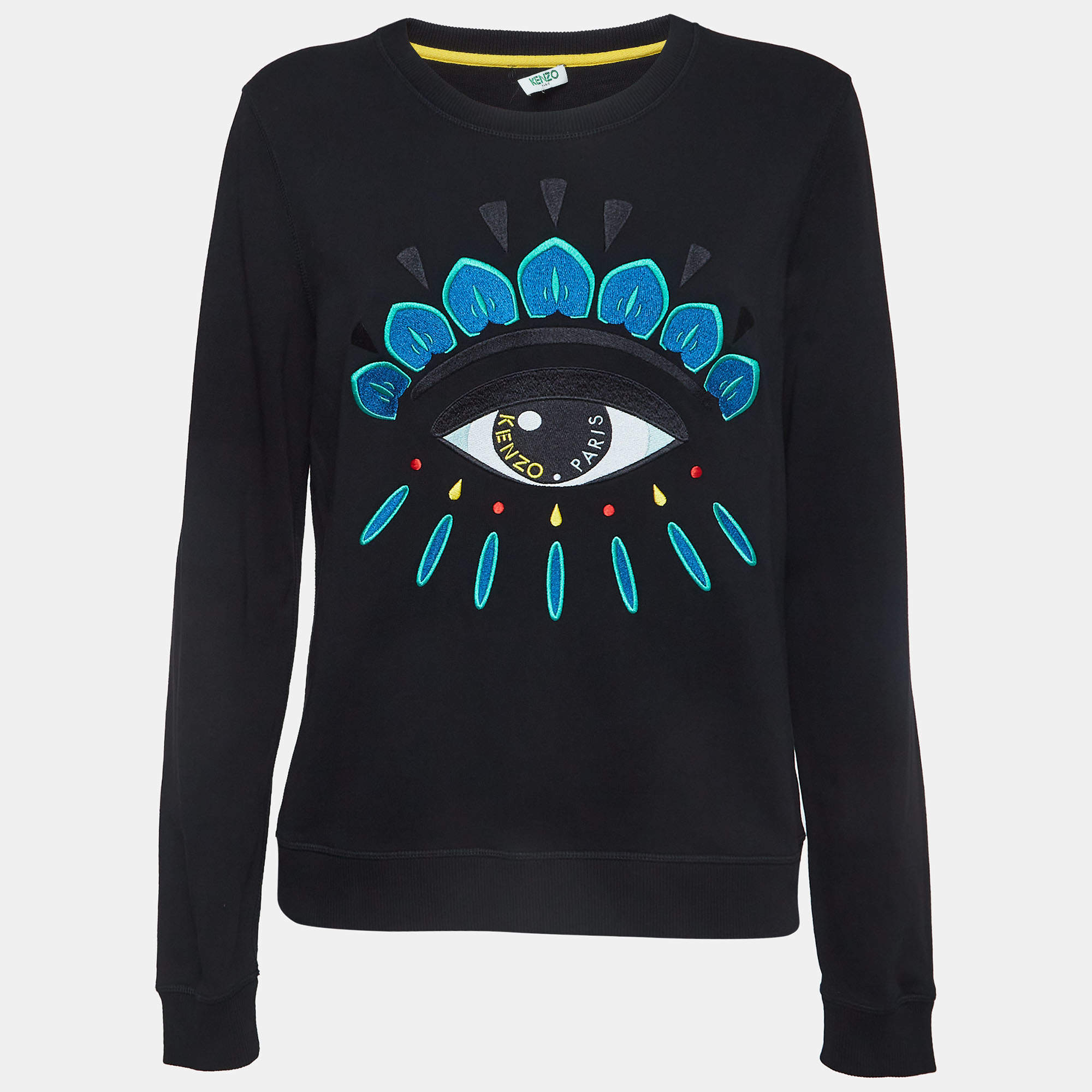 Pre Owned Kenzo Black Eye Embroidered Cotton Knit Relaxed Sweatshirt L
