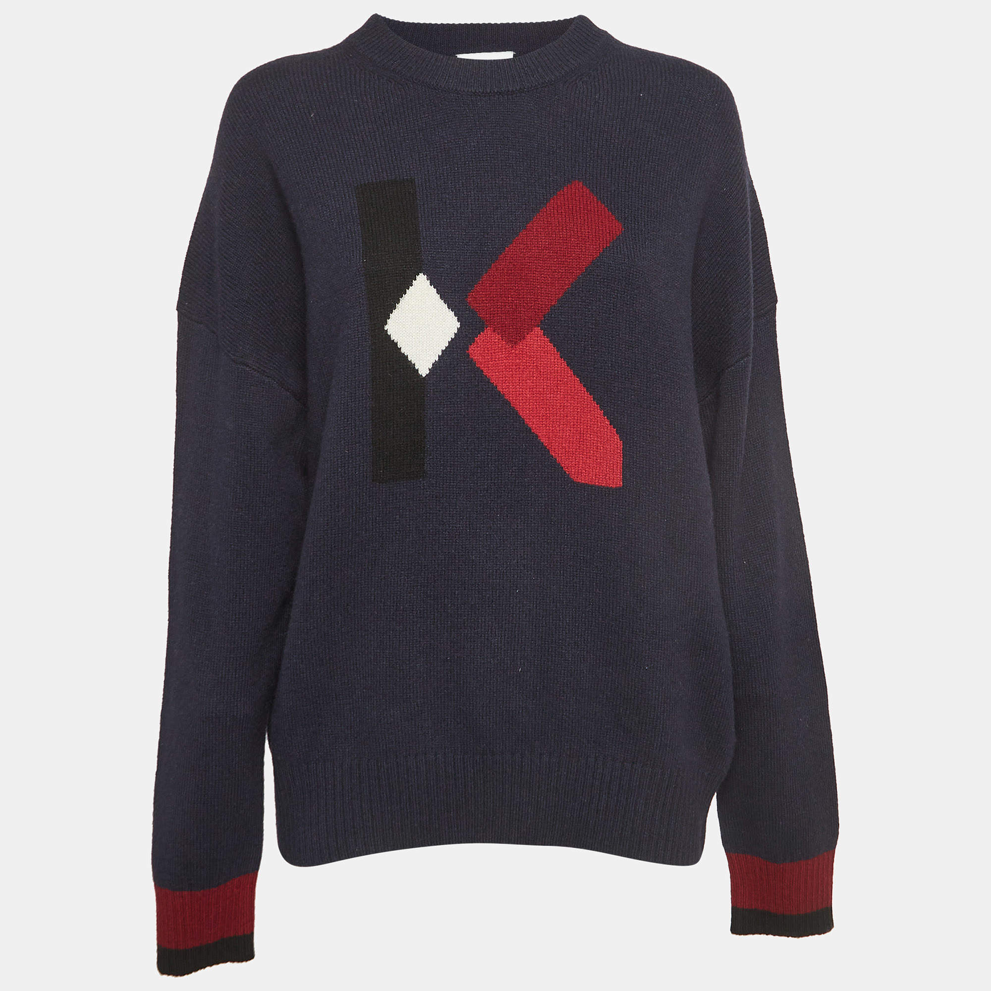 Pre Owned Kenzo Navy Blue K Intarsia Rib Knit Crew Neck Jumper L   