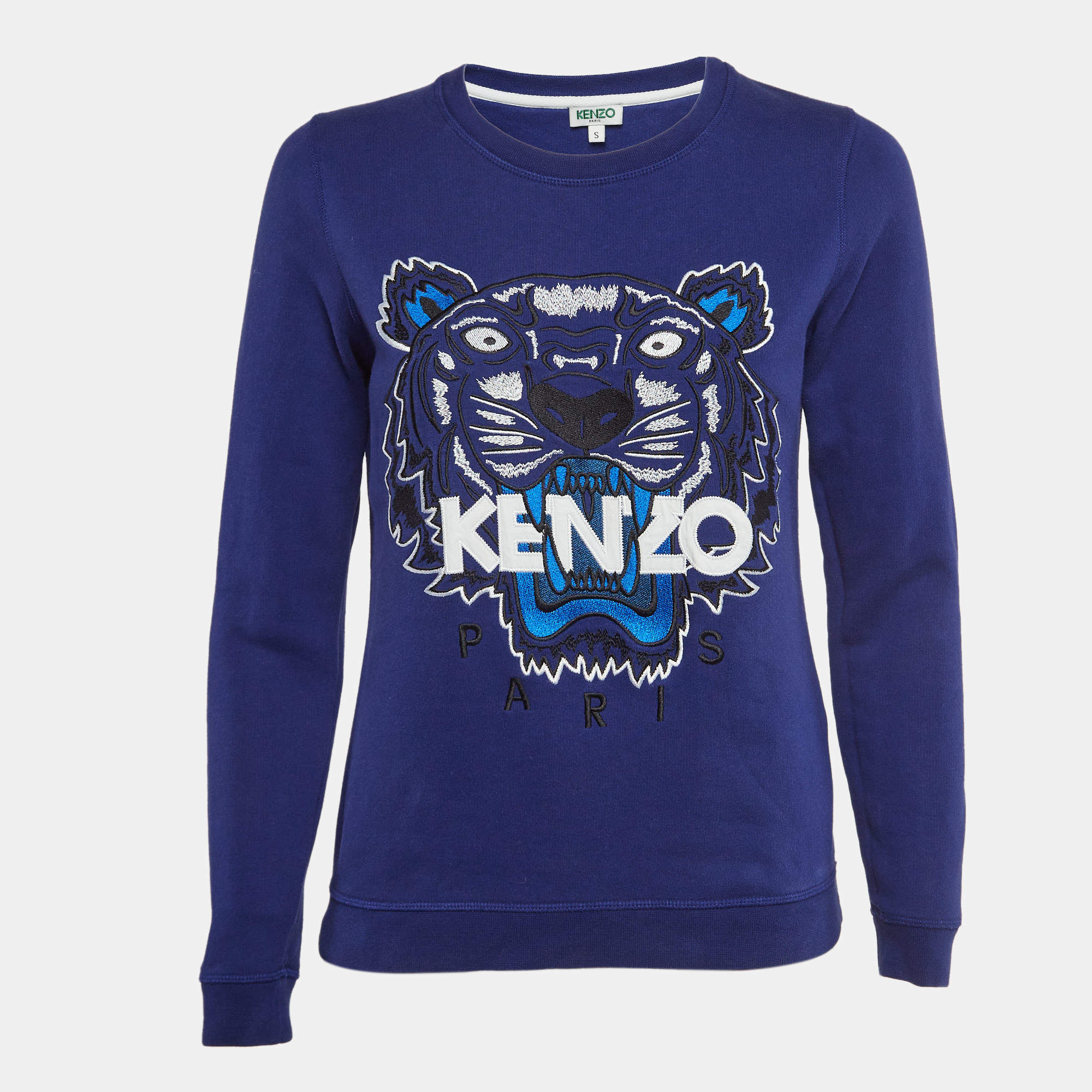 Pre Owned Kenzo Blue Logo Embroidered Cotton Crew Neck Sweatshirt S