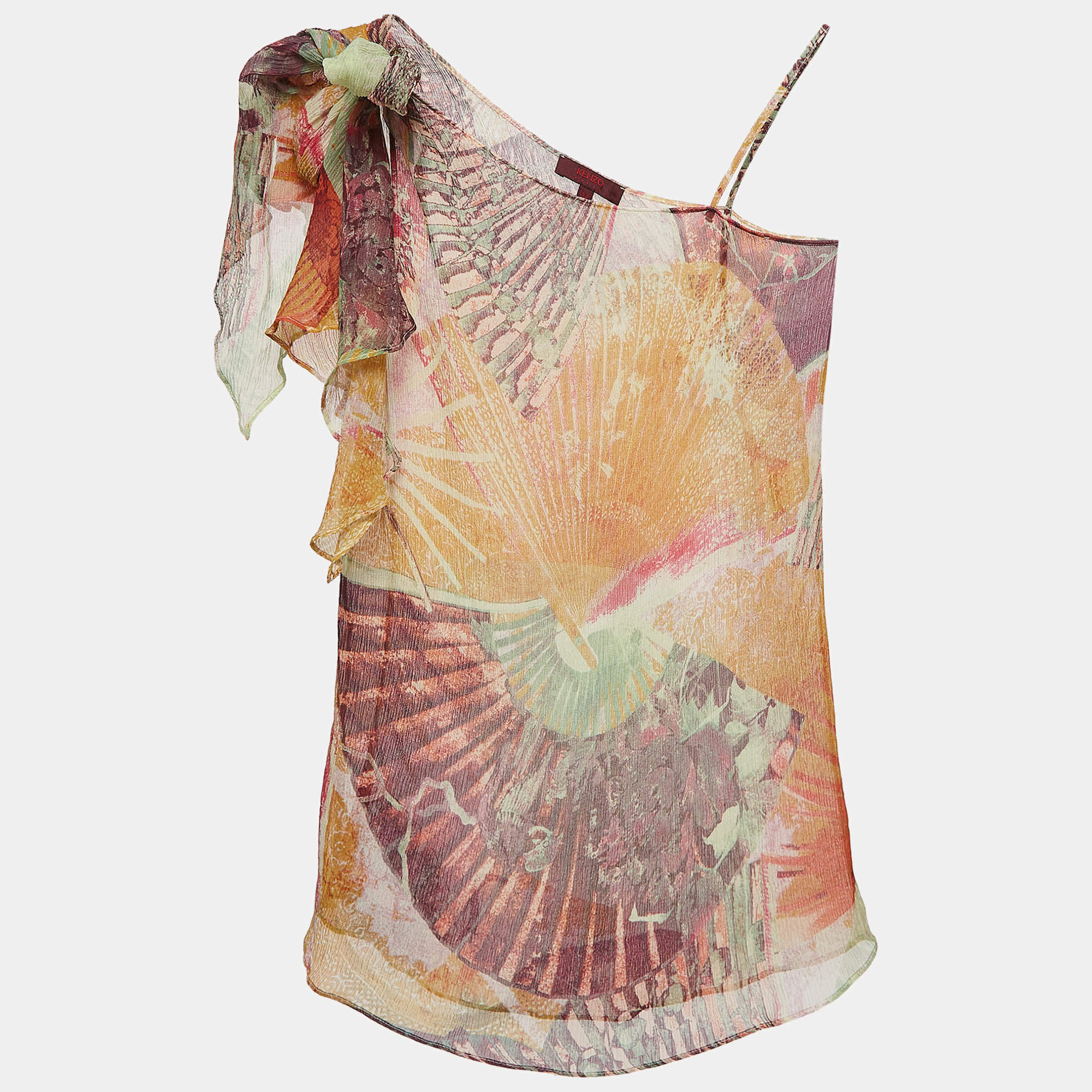Kenzo Multicolor Printed Silk Shoulder Tie-Up Semi Sheer Top S