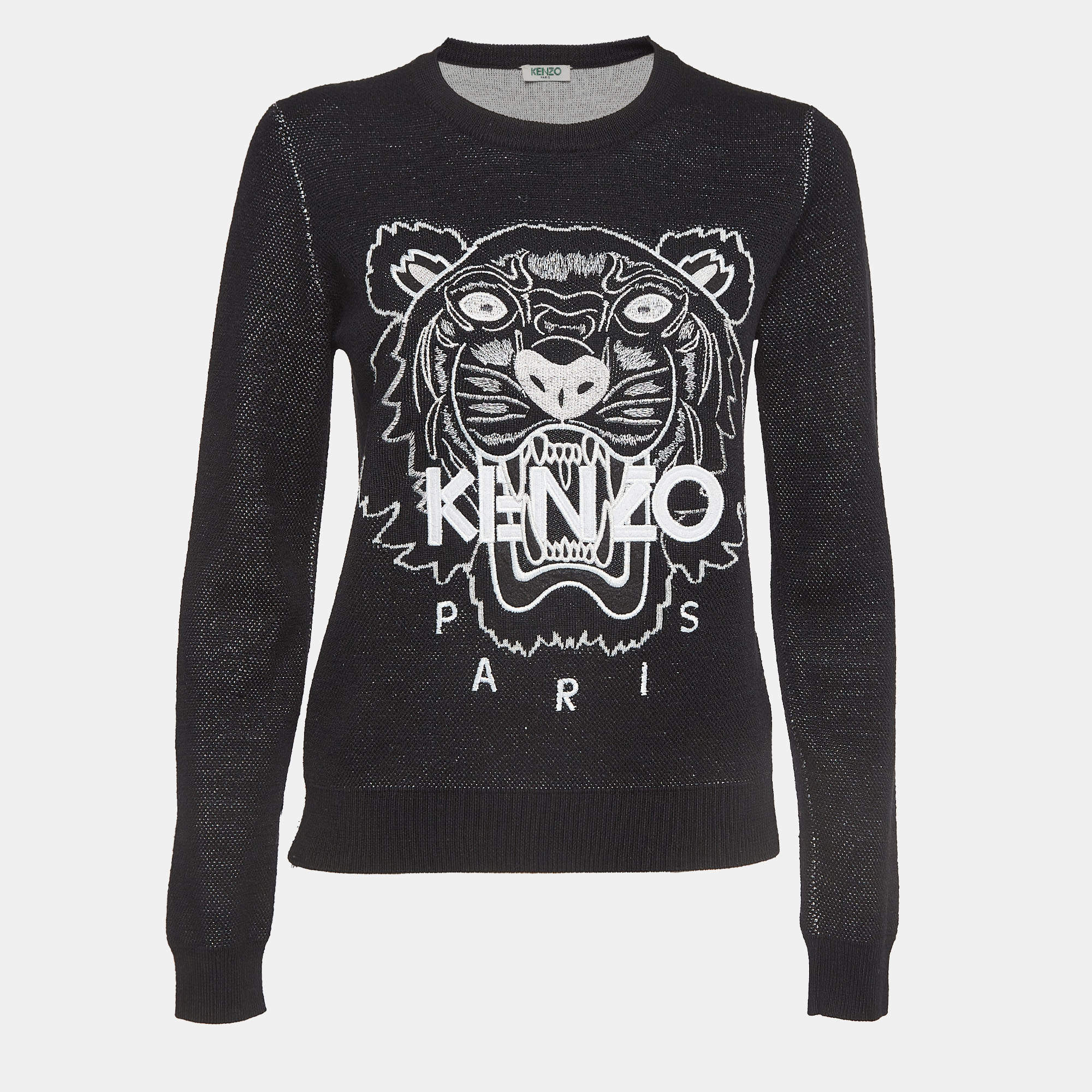 Kenzo Black Tiger Logo Embroidered Wool Blend Crew Neck Sweater S
