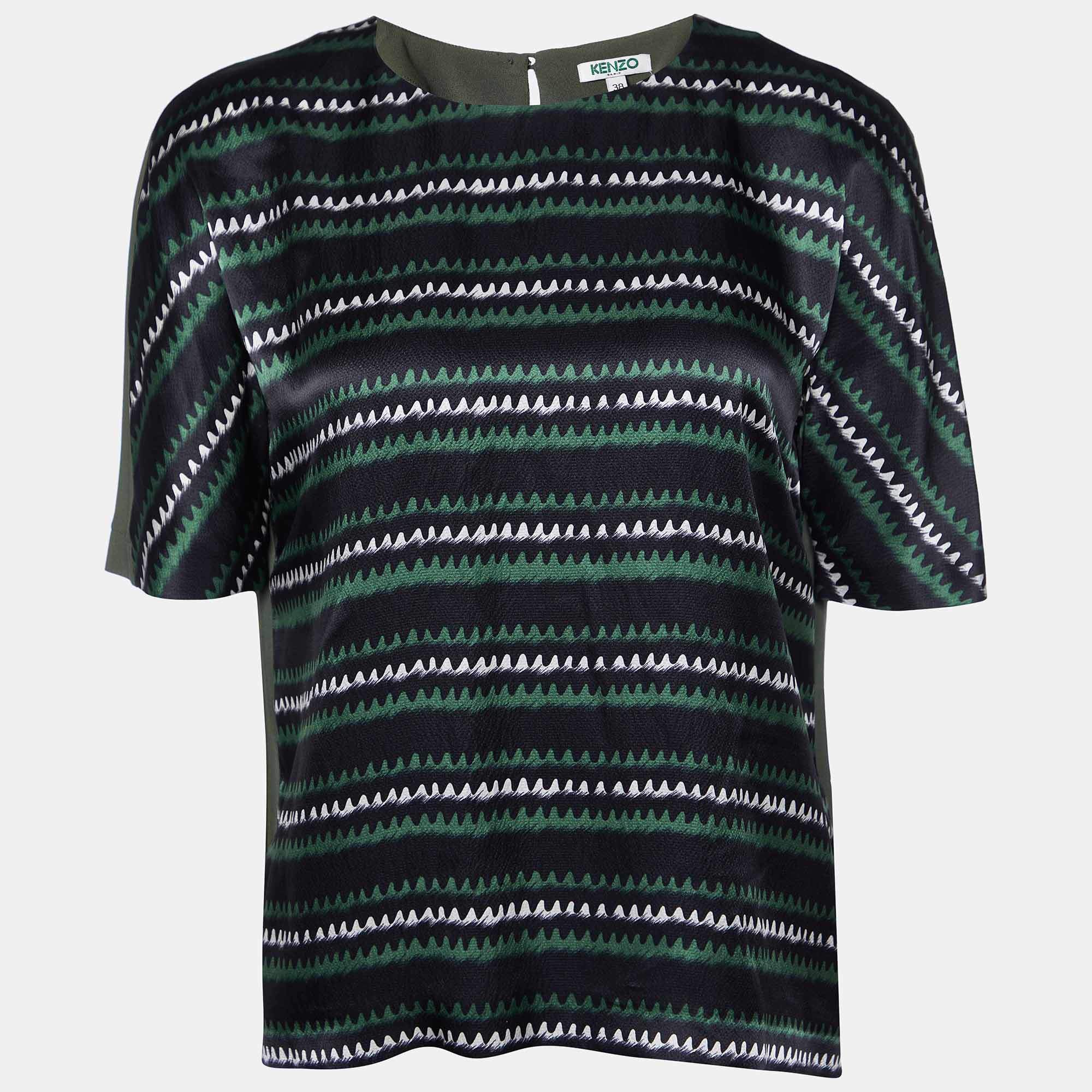 Kenzo Green Printed Silk Short Sleeve Top M