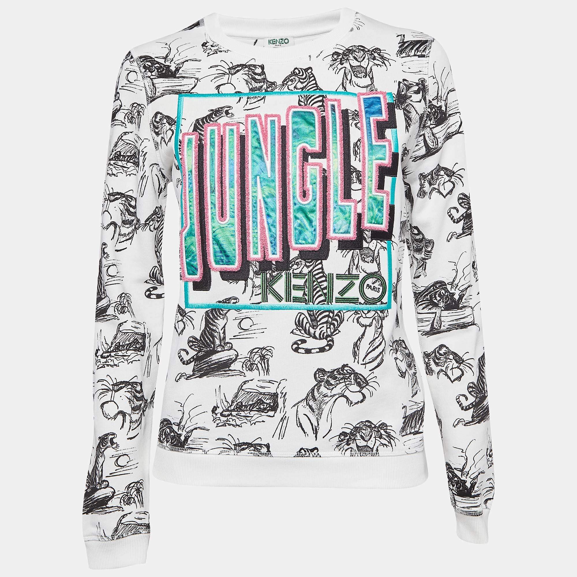 Pre Owned Kenzo White Jungle Embroidered Cotton Knit Crew Neck Sweatshirt S