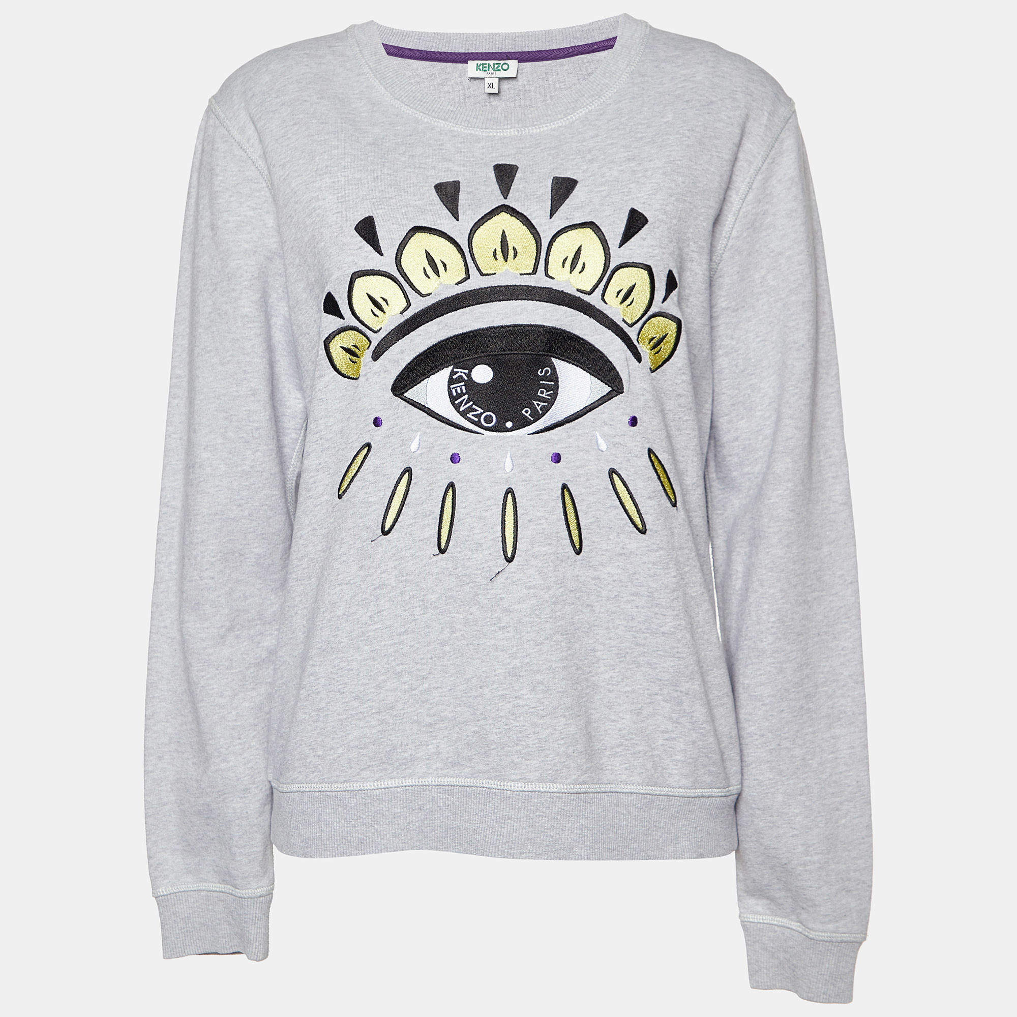 Pre Owned Kenzo Grey Cotton Eye Embroidered Sweatshirt XL