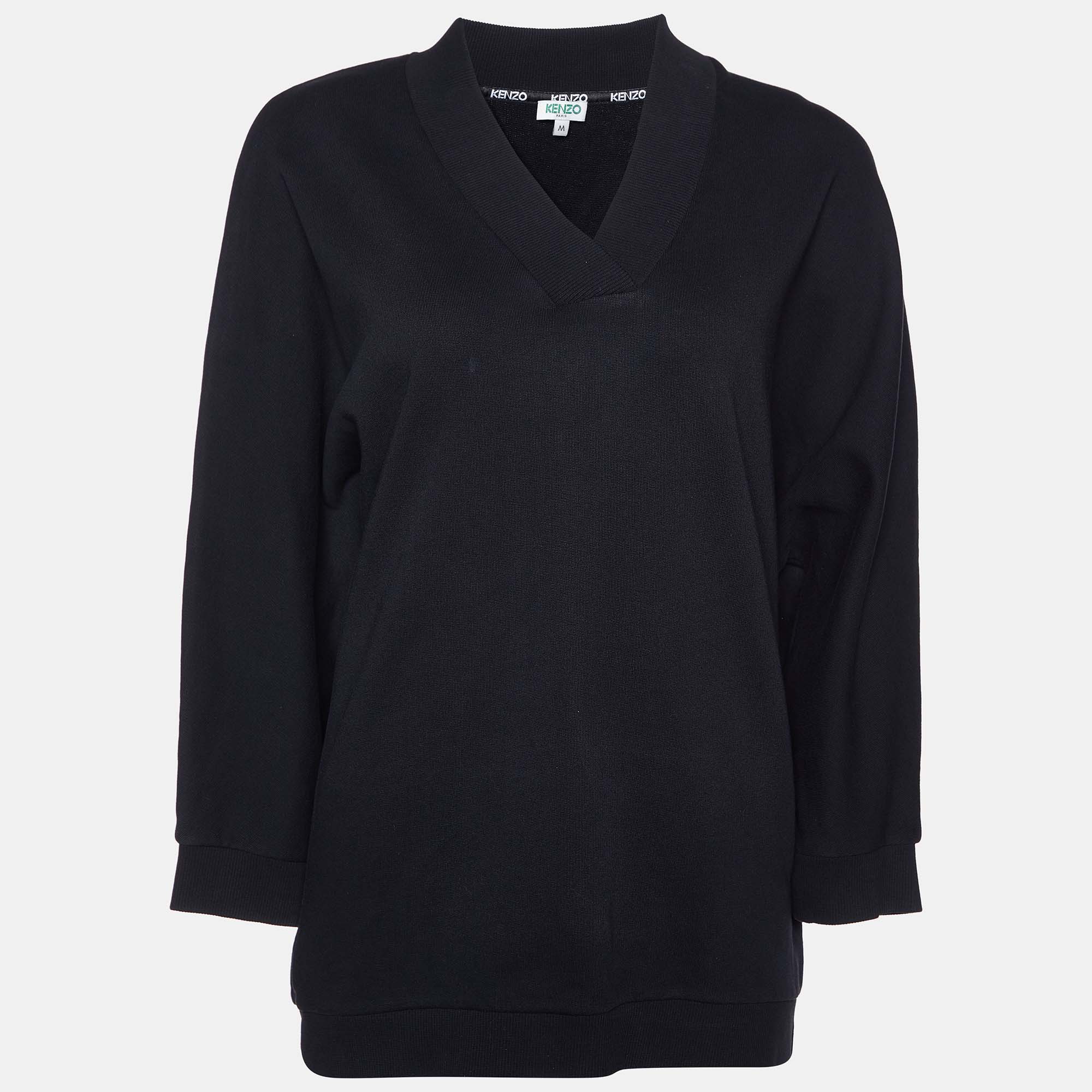 Pre Owned Kenzo Black Logo Print Cotton V-Neck Sweatshirt M