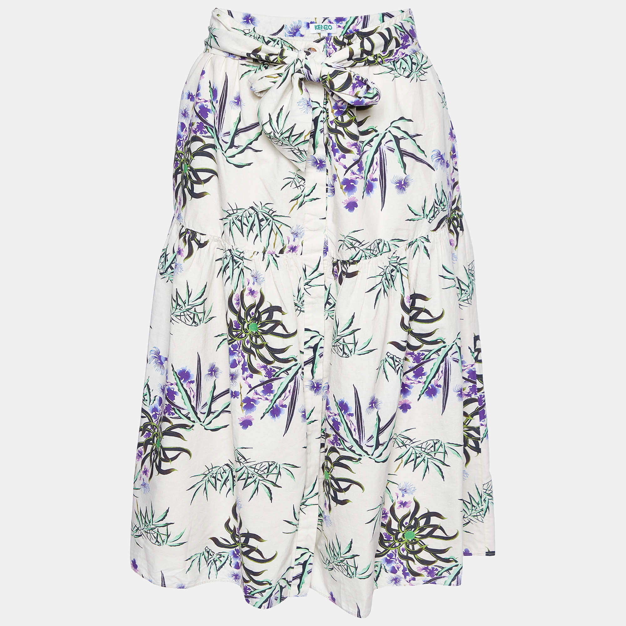 Kenzo White Sea Lily Print Cotton Midi Skirt S