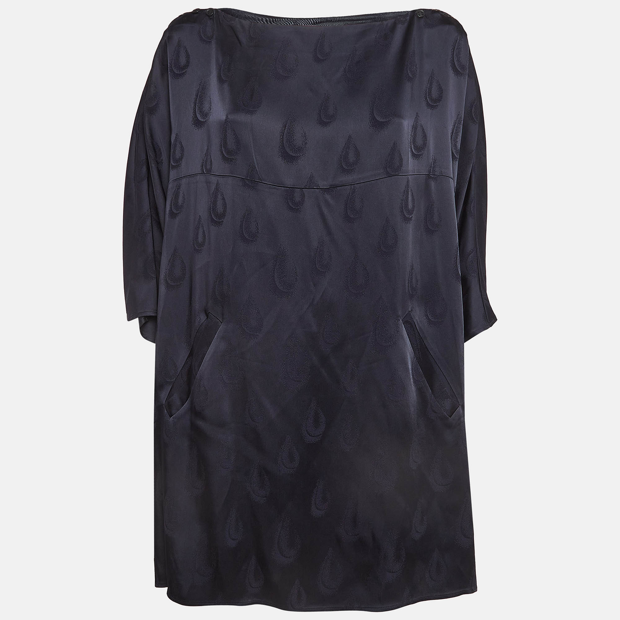 Kenzo Navy Blue Patterned Satin Loose Fit Mini Dress S