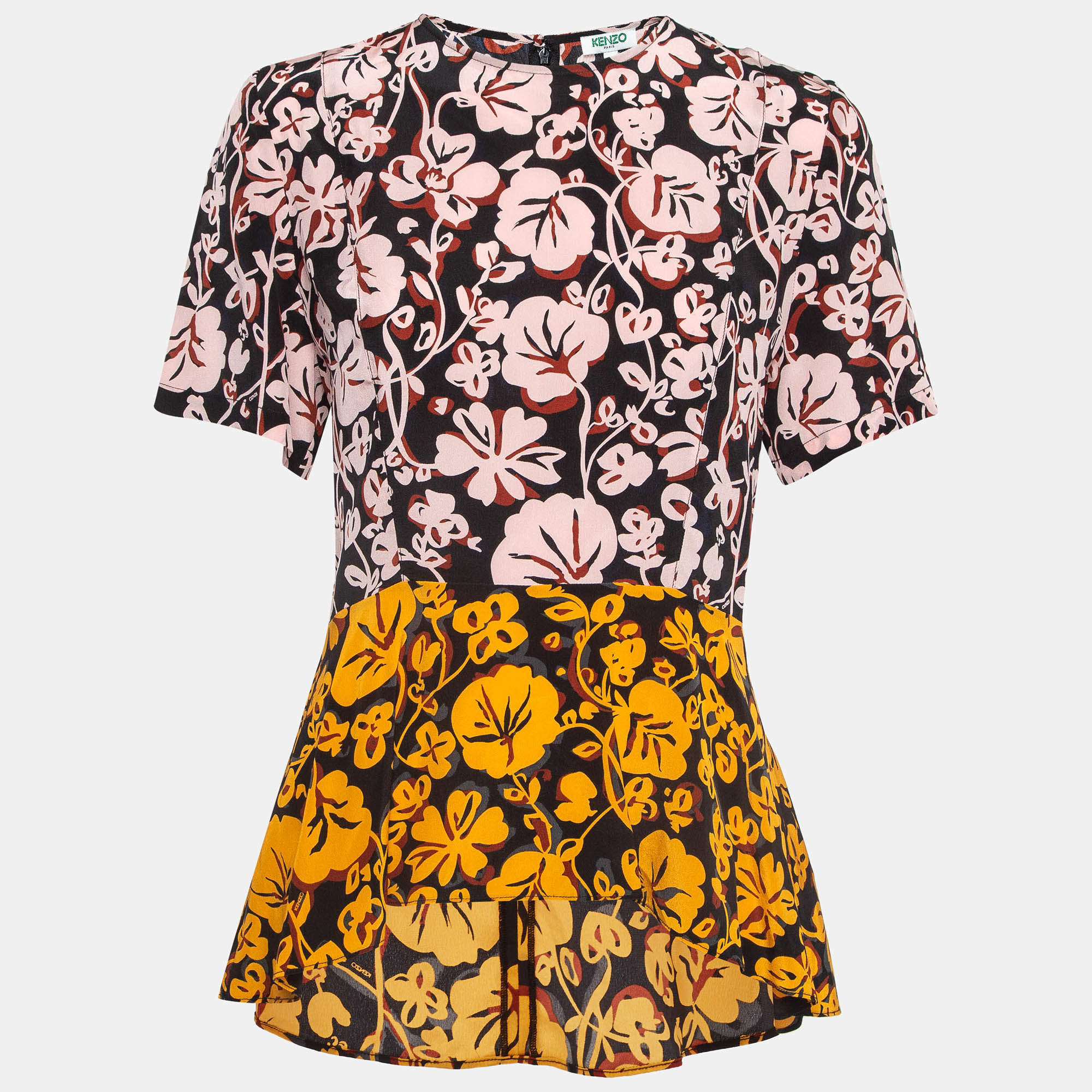 Kenzo Multicolor Floral Print Silk Flared Top M