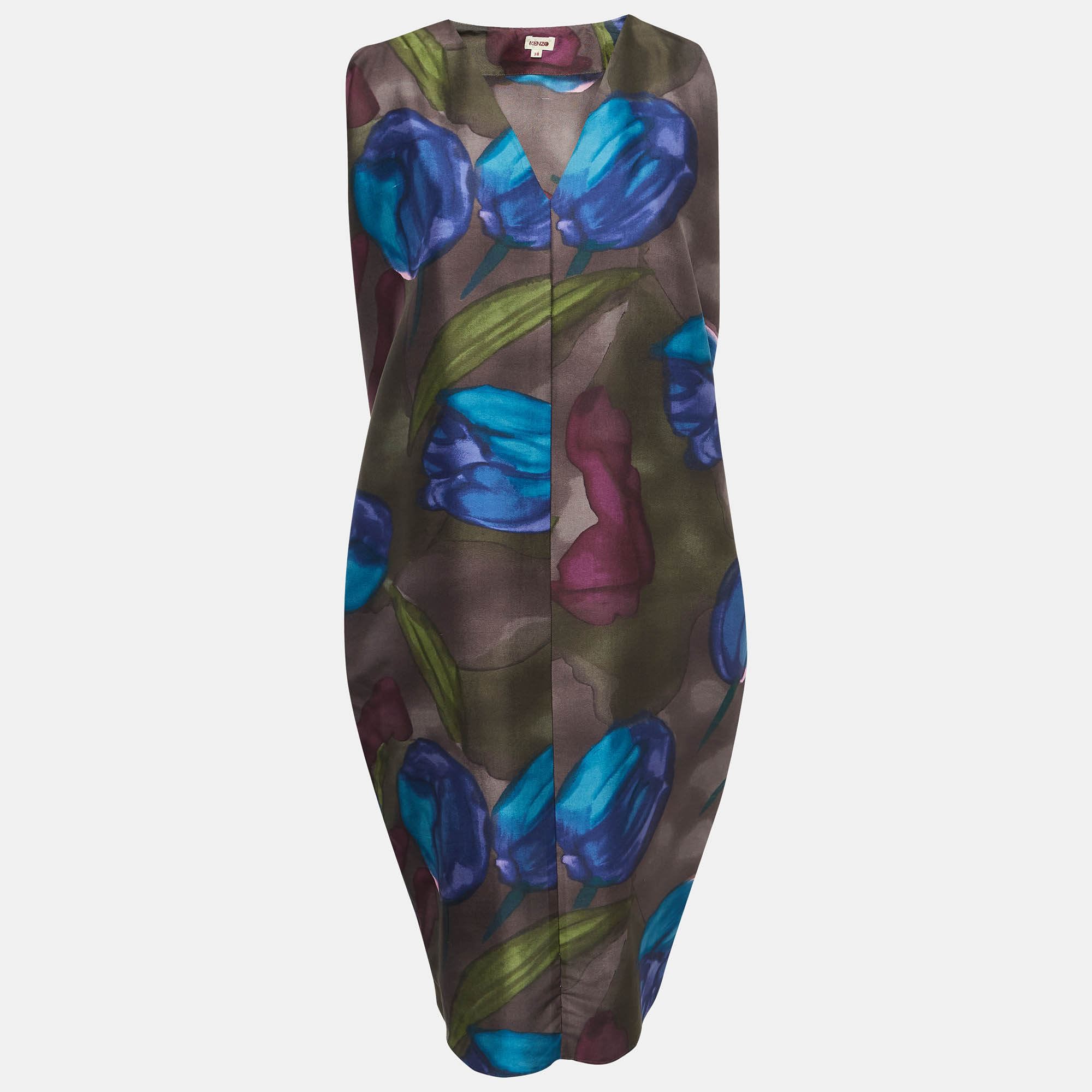 Pre Owned Kenzo Multicolor Tulip Print Silk Midi Dress M