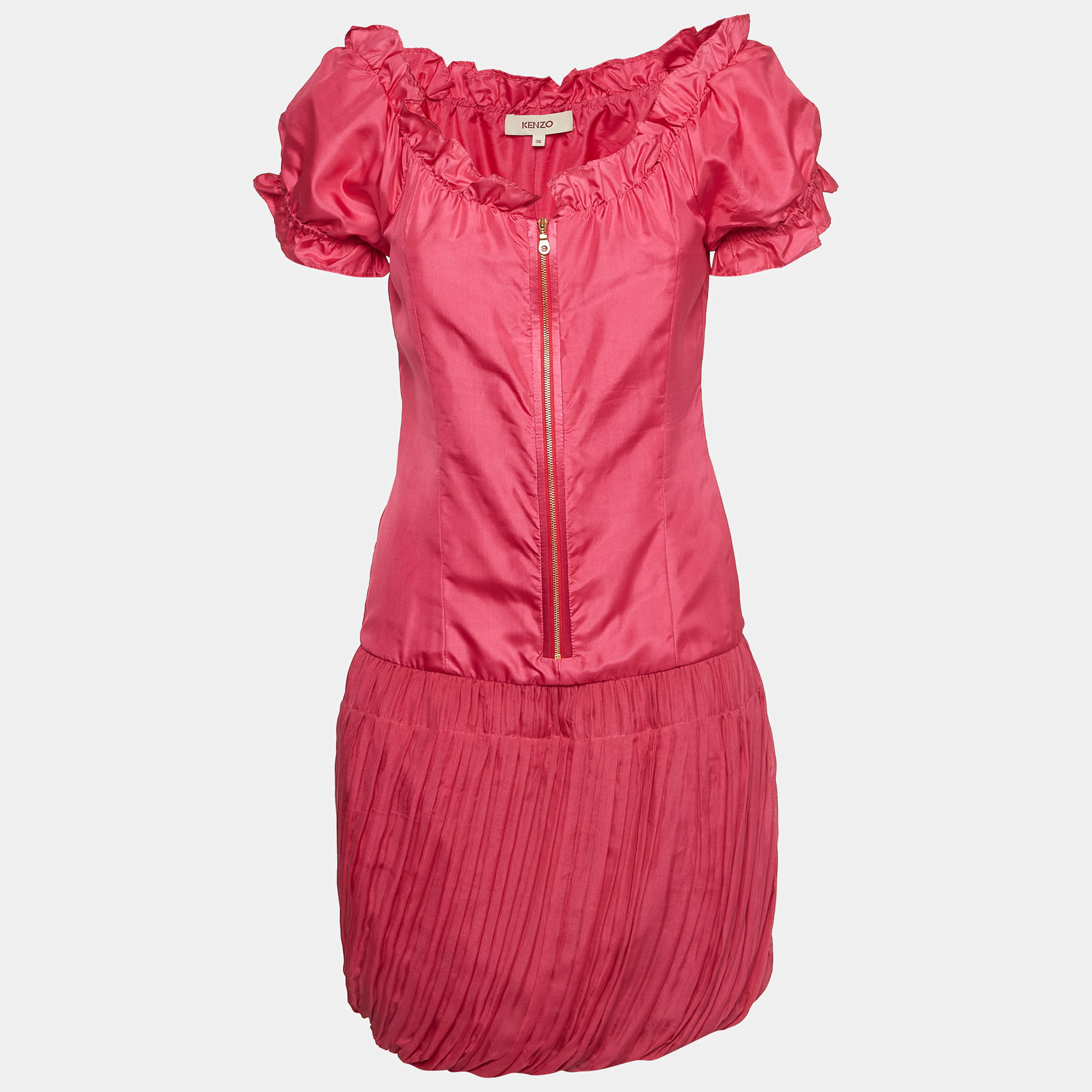 Kenzo Pink Silk Ruffled Zip Front Short Dress S