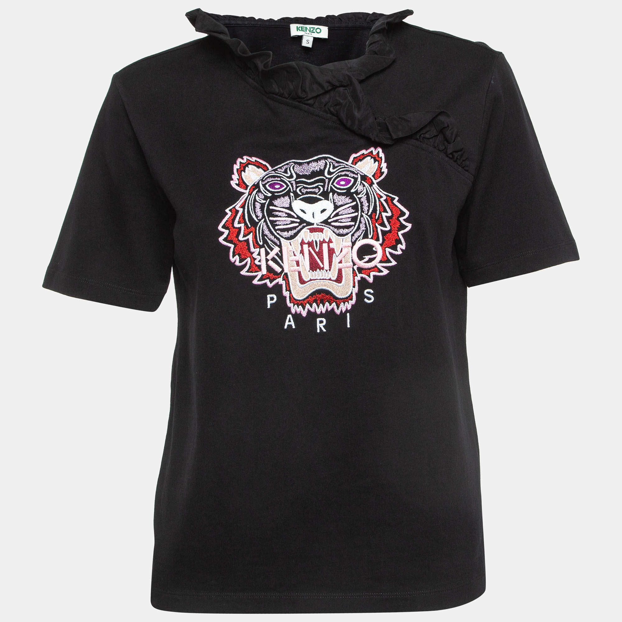 Pre Owned Kenzo Black Tiger Embroidered Cotton Ruffled T-Shirt S