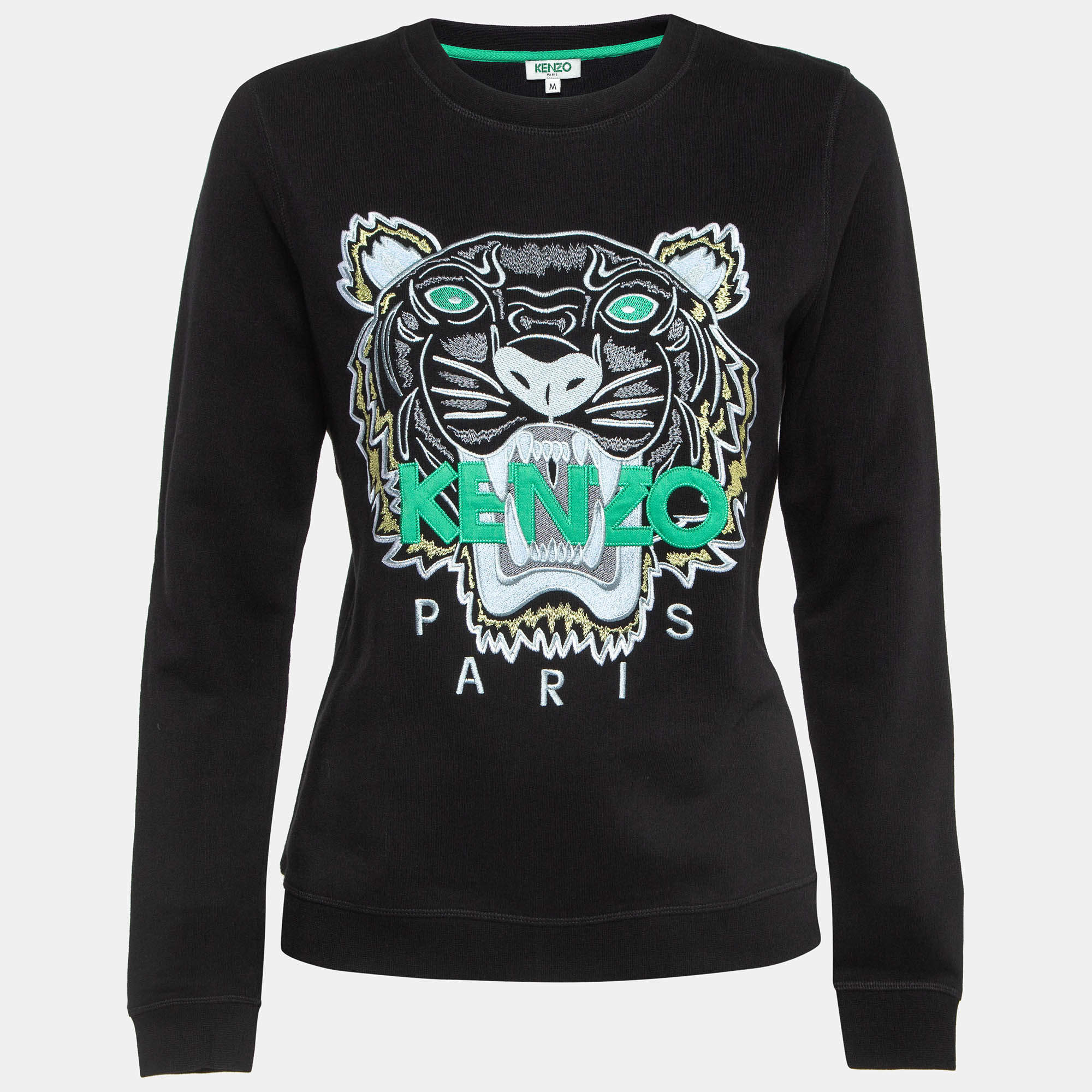 Pre Owned Kenzo Black Logo Tiger Embroidered Cotton Sweatshirt M
