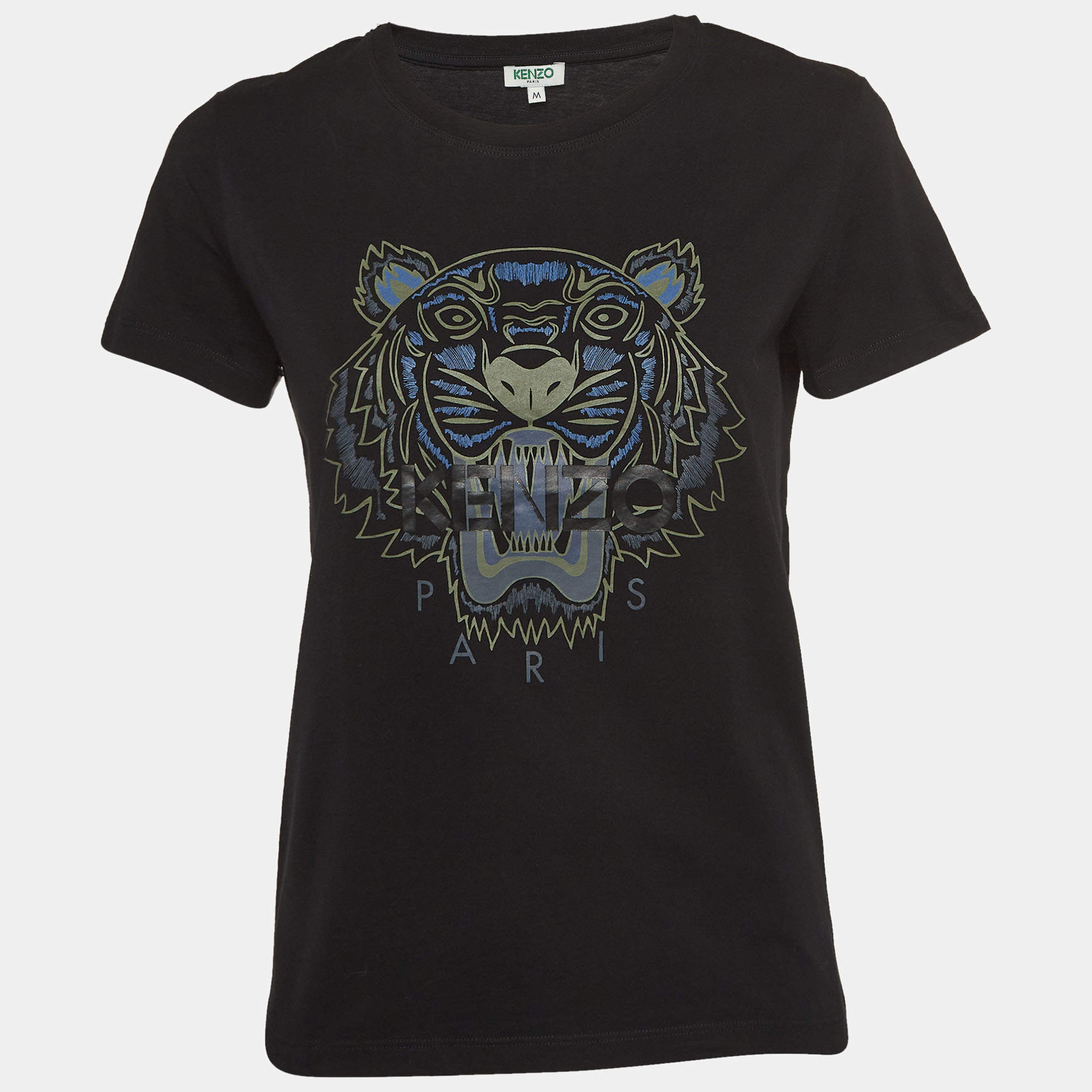 Pre Owned Kenzo Black Tiger Print Cotton Knit Short Sleeves T-shirt M