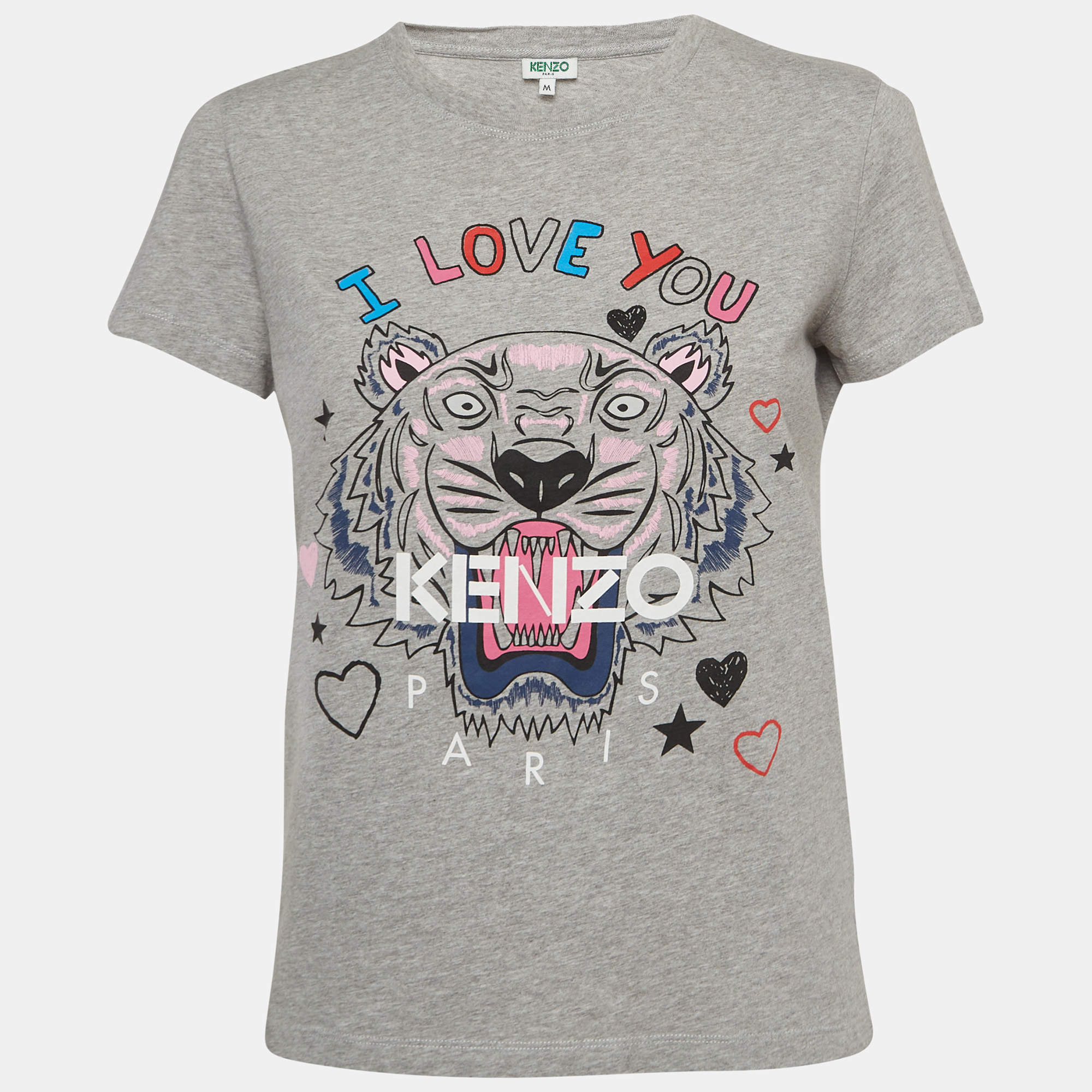 Pre Owned Kenzo Grey Printed Cotton Knit Crew Neck Tshirt M