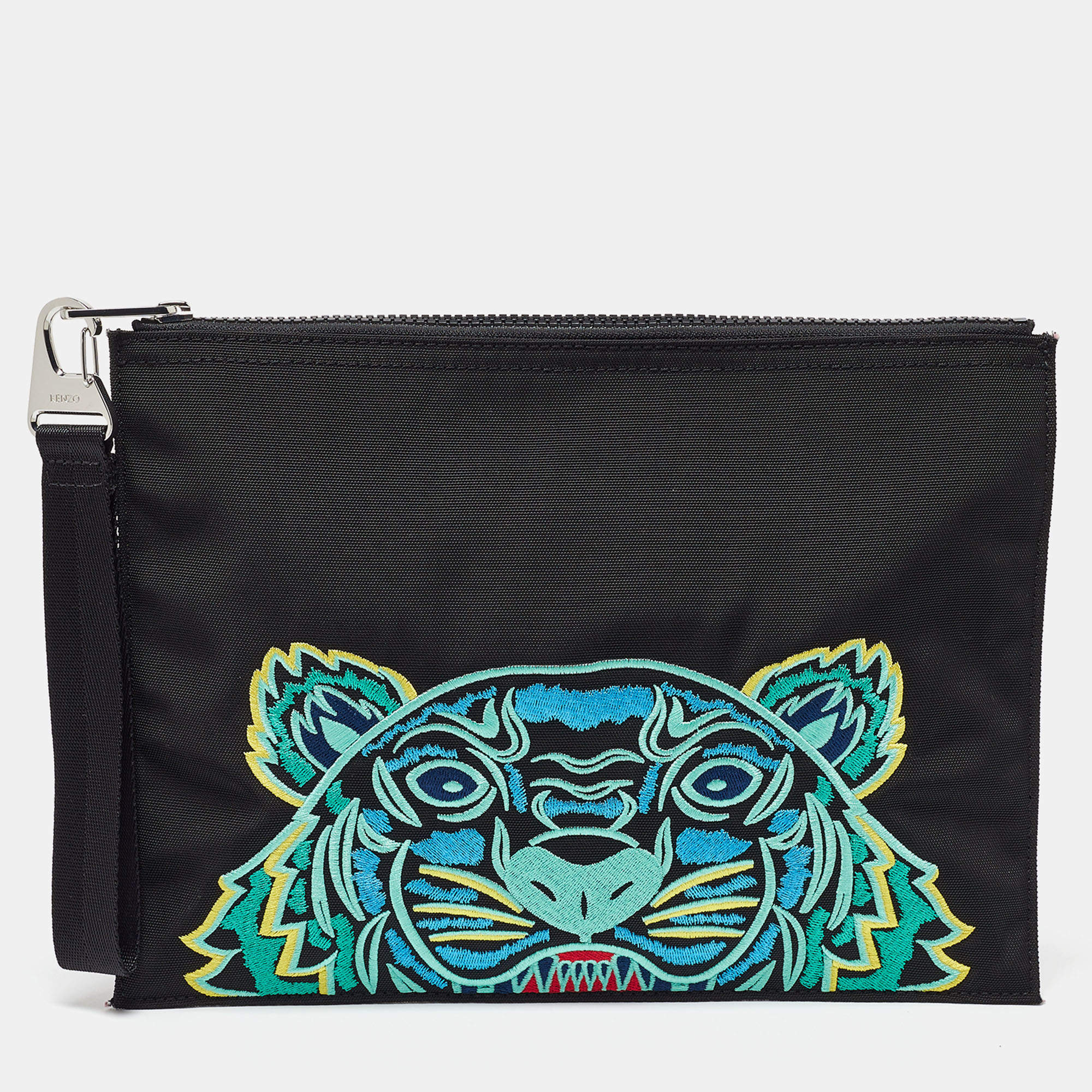 Pre Owned Kenzo Black Tiger Embroidered Leather Zip Flat Pouch